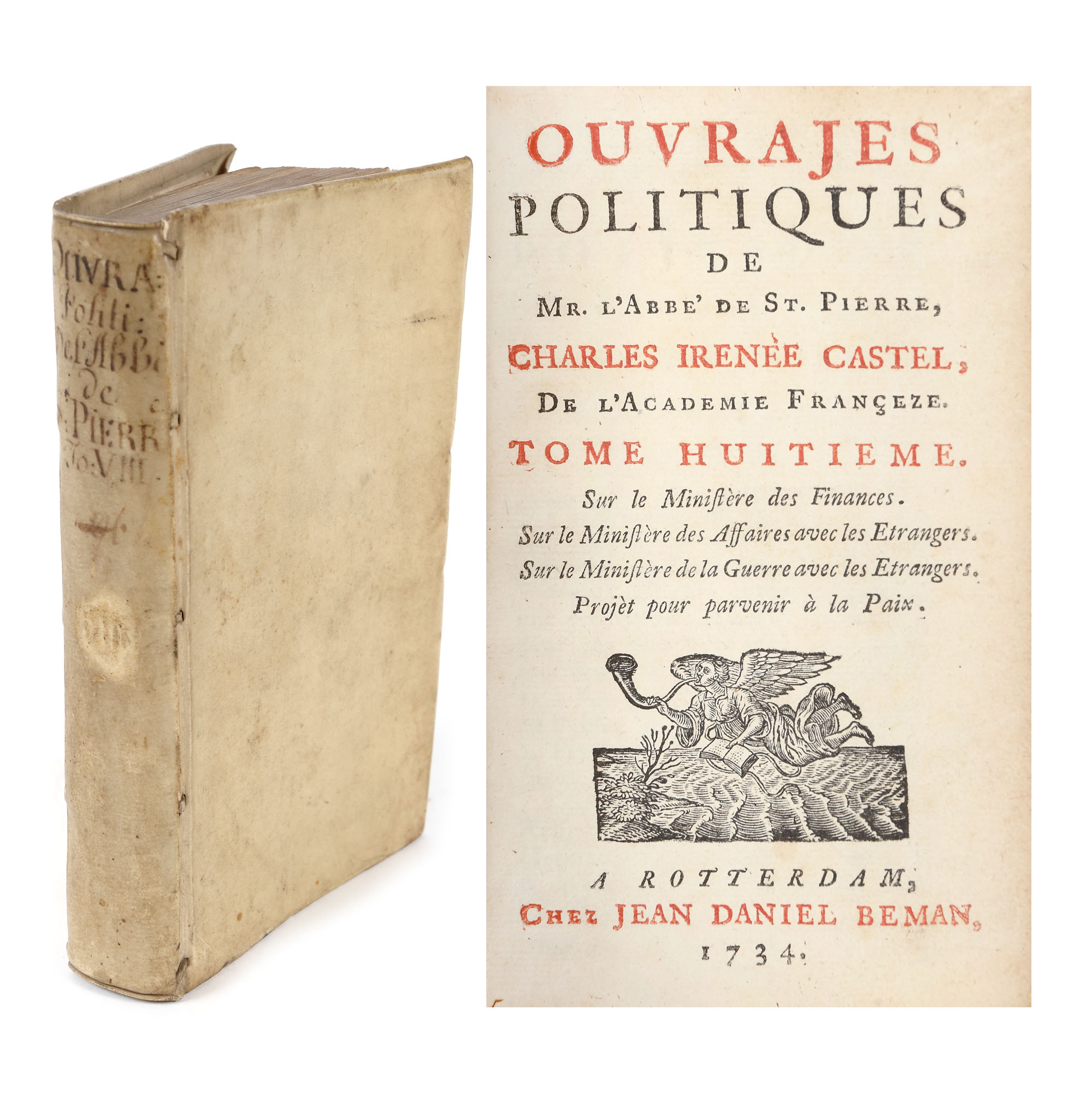 "Ouvrajes politiques", by Charles Irinee Castel, volume 8, French, Rotterdam, 1734, with ex-libris