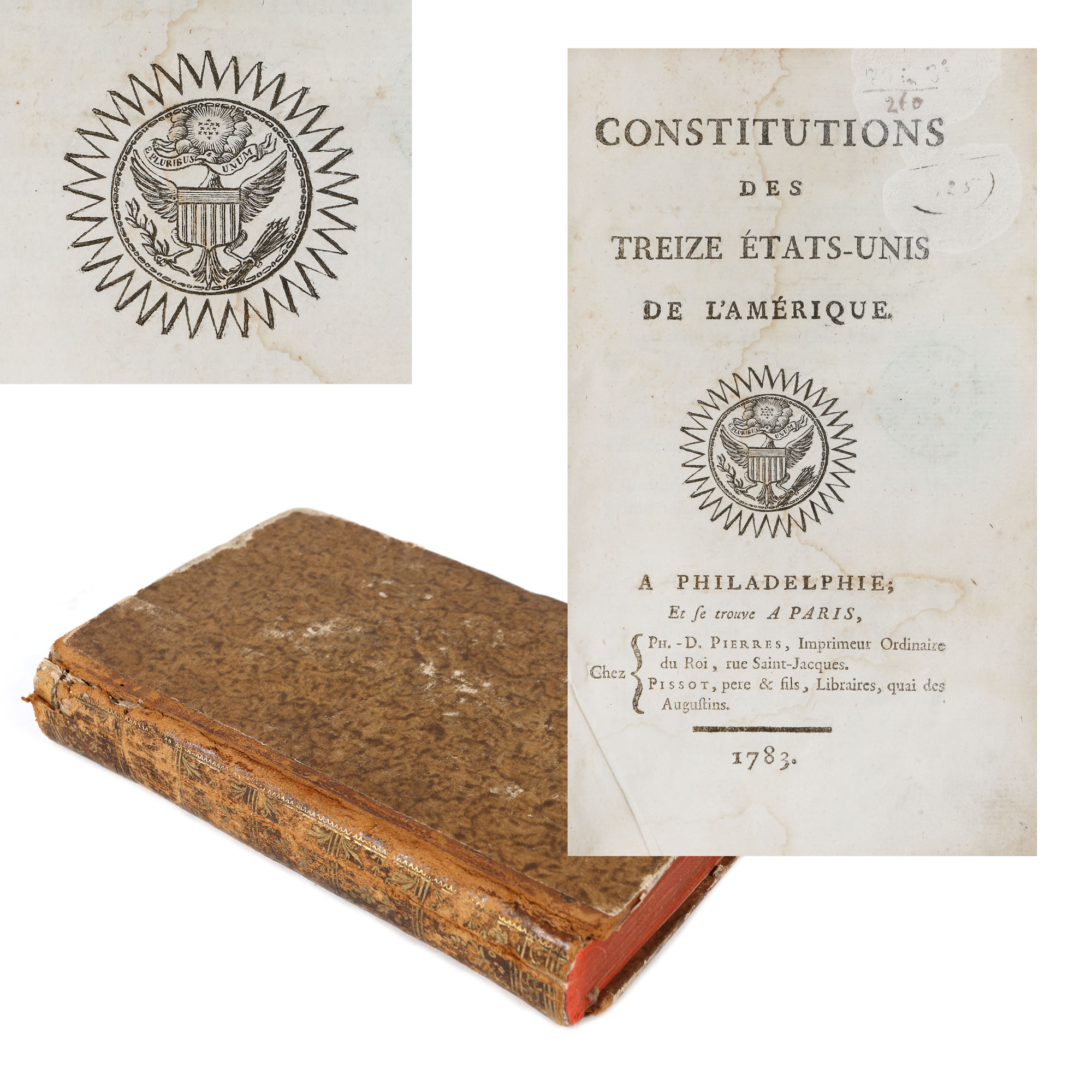 Constituțiile celor treisprezece State Unite ale Americii" (Constitutions des treize etats-unis de l`Amerique), tradusă în franceză de Louis Alexandre La Rochefoucauld pentru Benjamin Franklin, ediție princeps, franceză, Paris, 1783, piesă rară, de colecție
