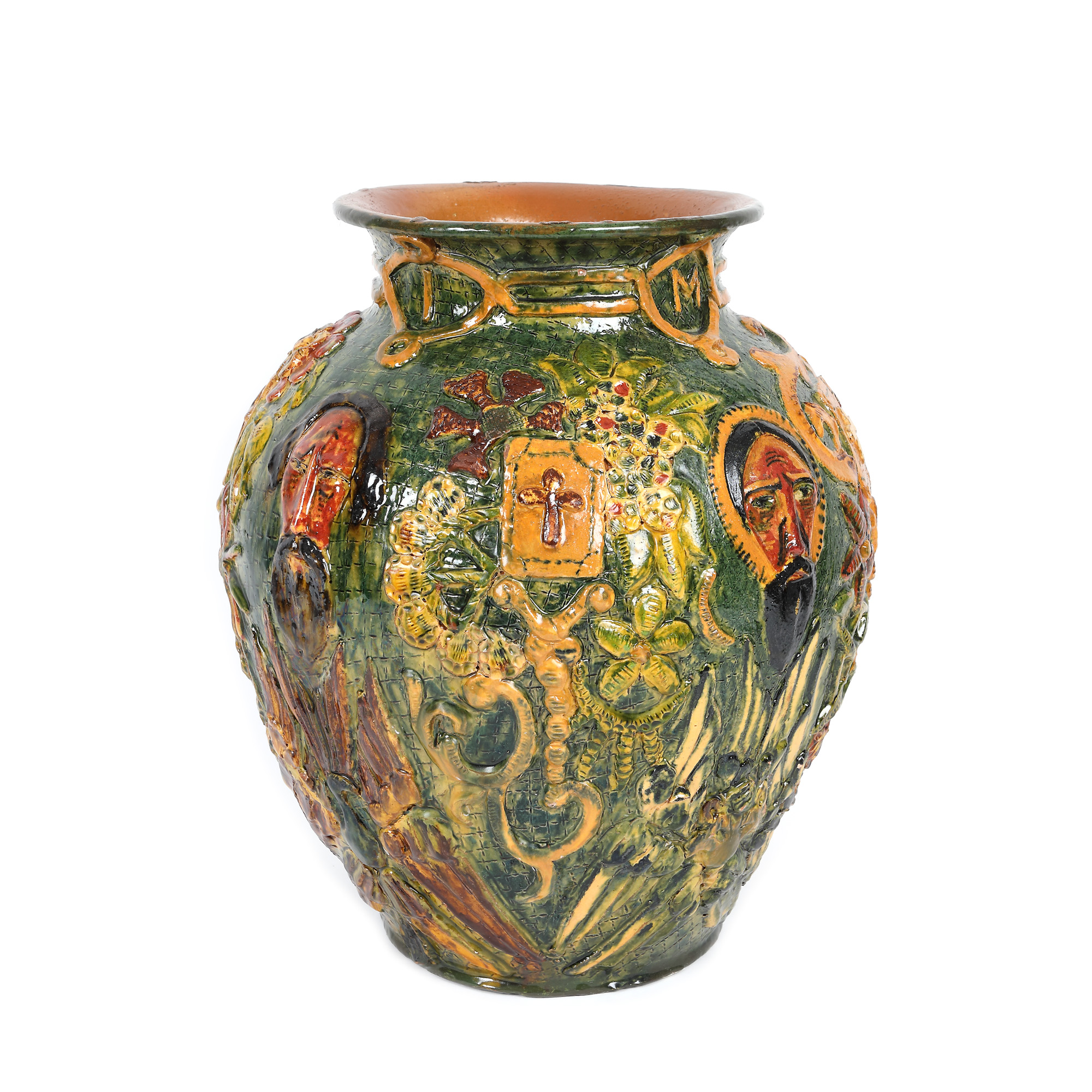 Vas decorativ din ceramică, decorat cu chipurile celor Patru Evangheliști (Matei, Marcu, Luca și Ioan), prima jumătate a sec. XX