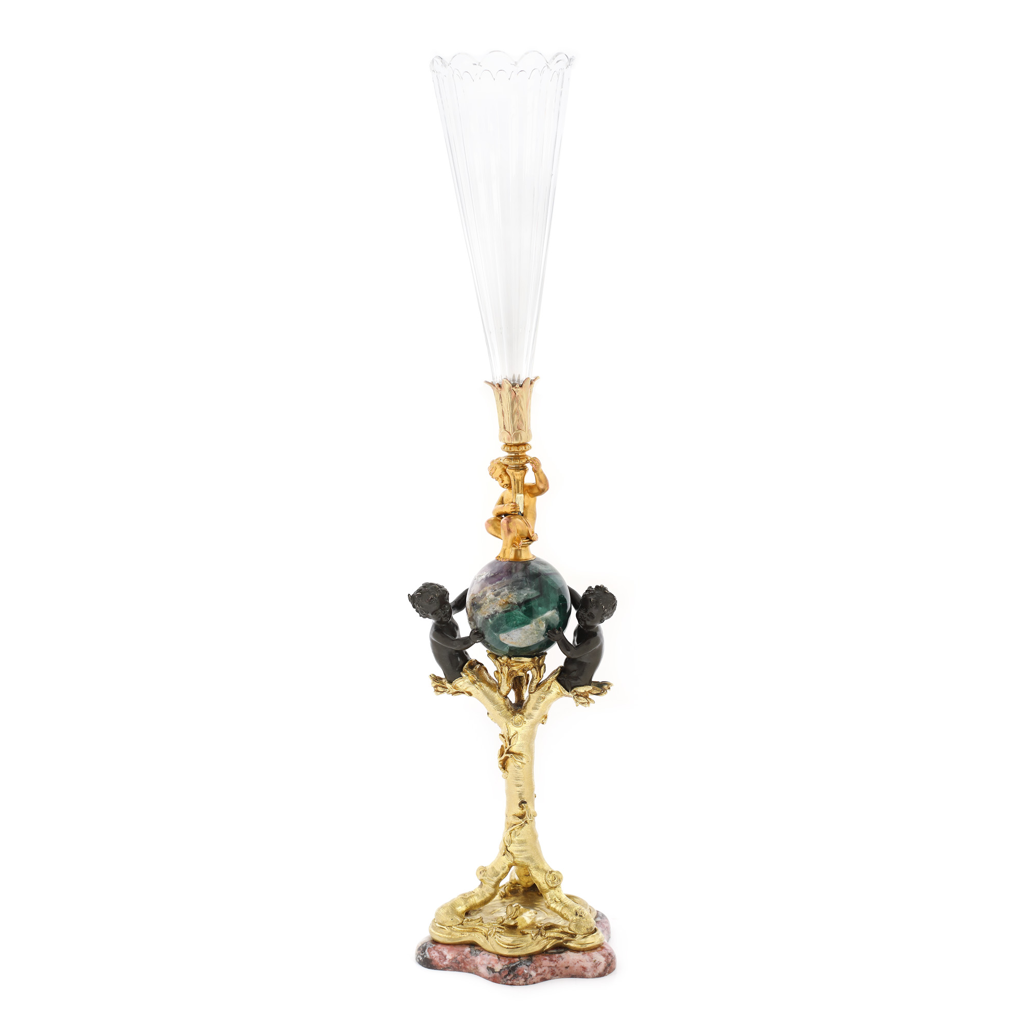 Surtout-de-table autor Alfred Beurdeley, Belle Époque, înfățișând alegoria apei și a pământului, cu superbă reprezentare simbolistă lacustră și putti ținând în mâini un glob de fluorit, cca. 1890, piesă de colecție