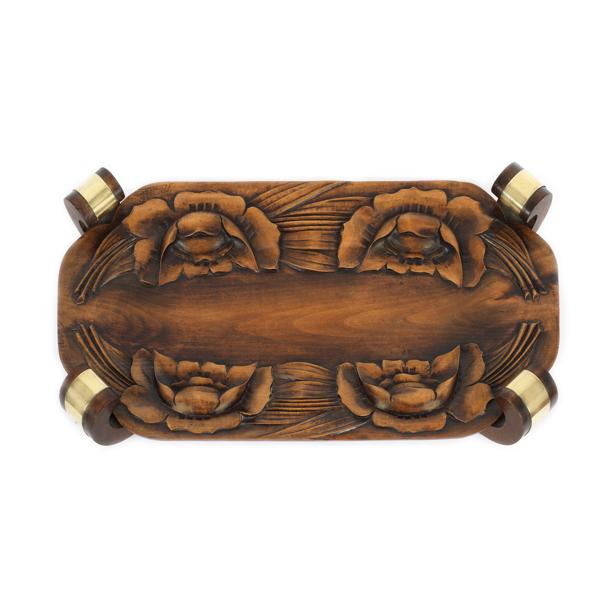 Large Art Deco tray, carved wood and gilded brass, approx. 1925