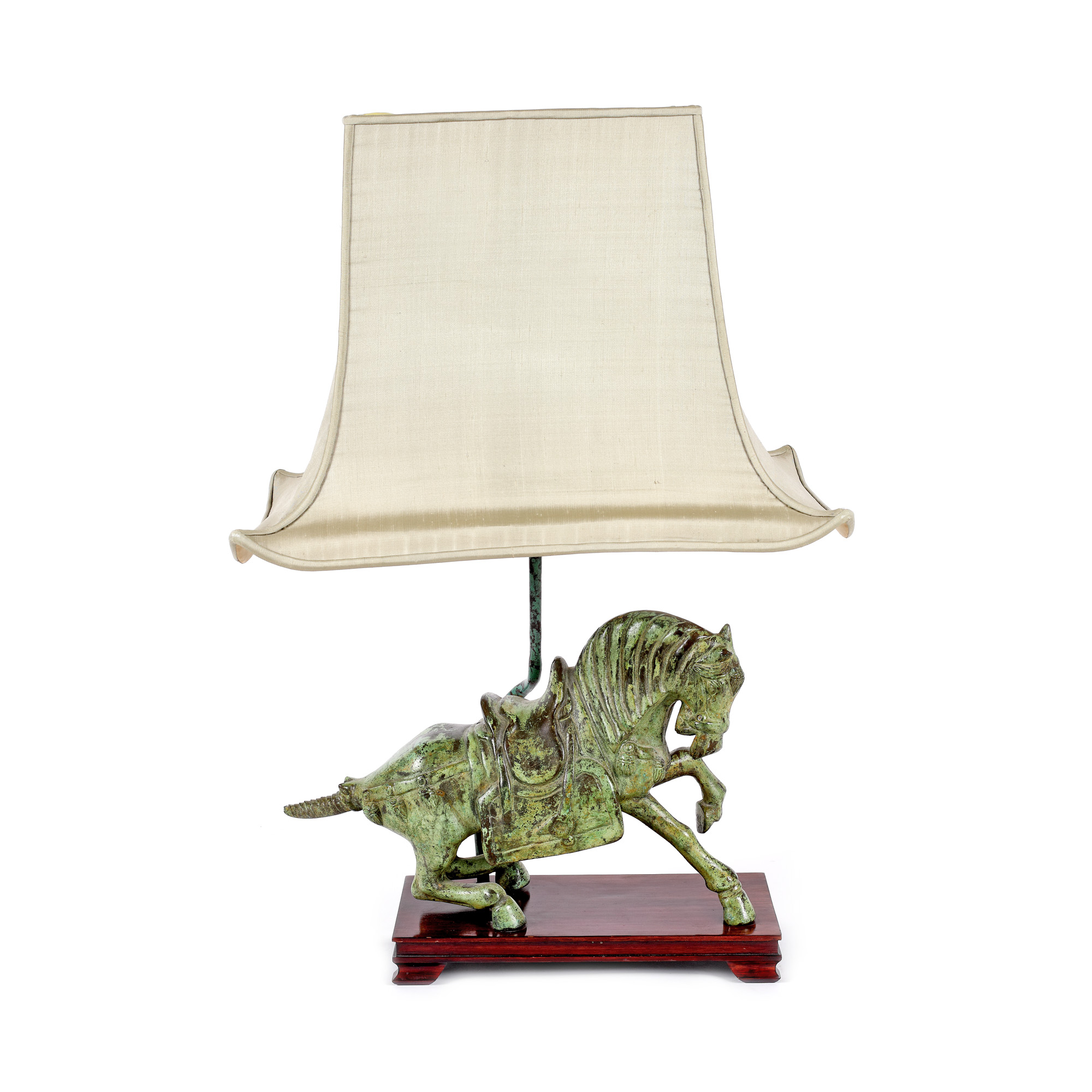 Maison Jansen lamp, Mid-Century, enamelled bronze foot, oriental decoration - horse resting under the pagoda