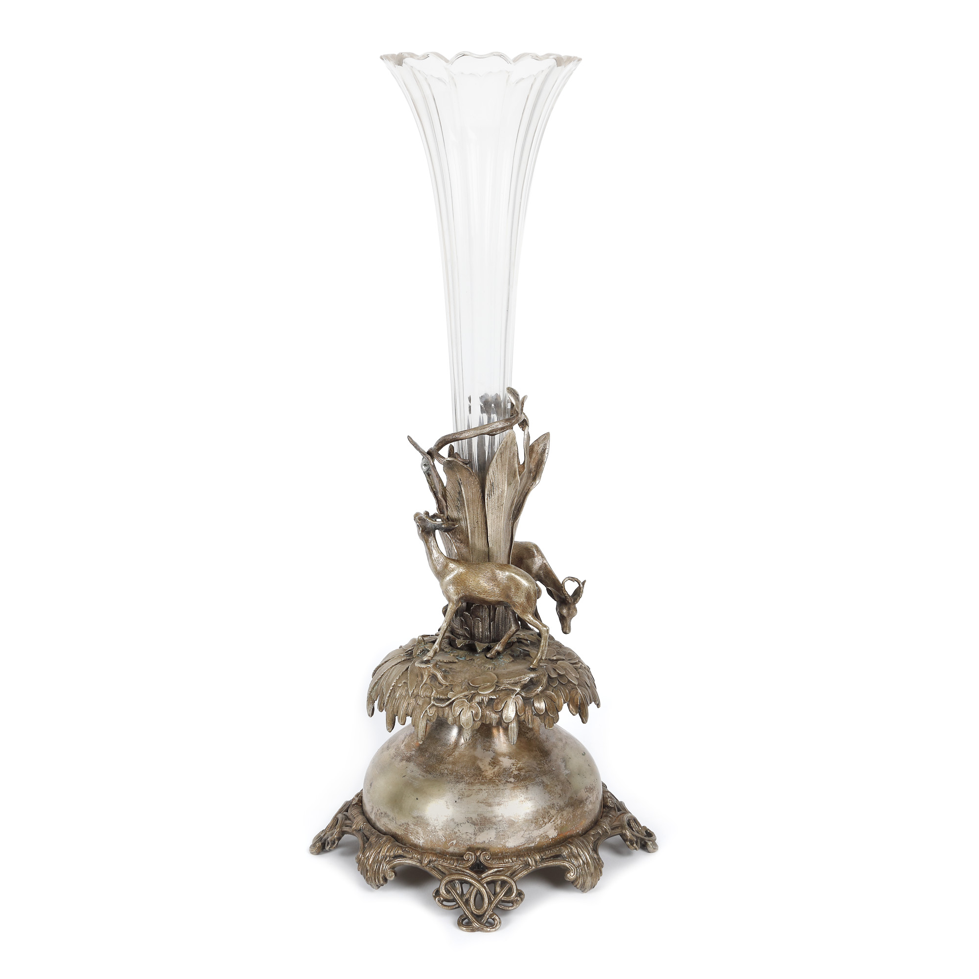 Superb Conraetz table centrepiece with soliflor vase, decorated with deer and vegetation, approx. 1860