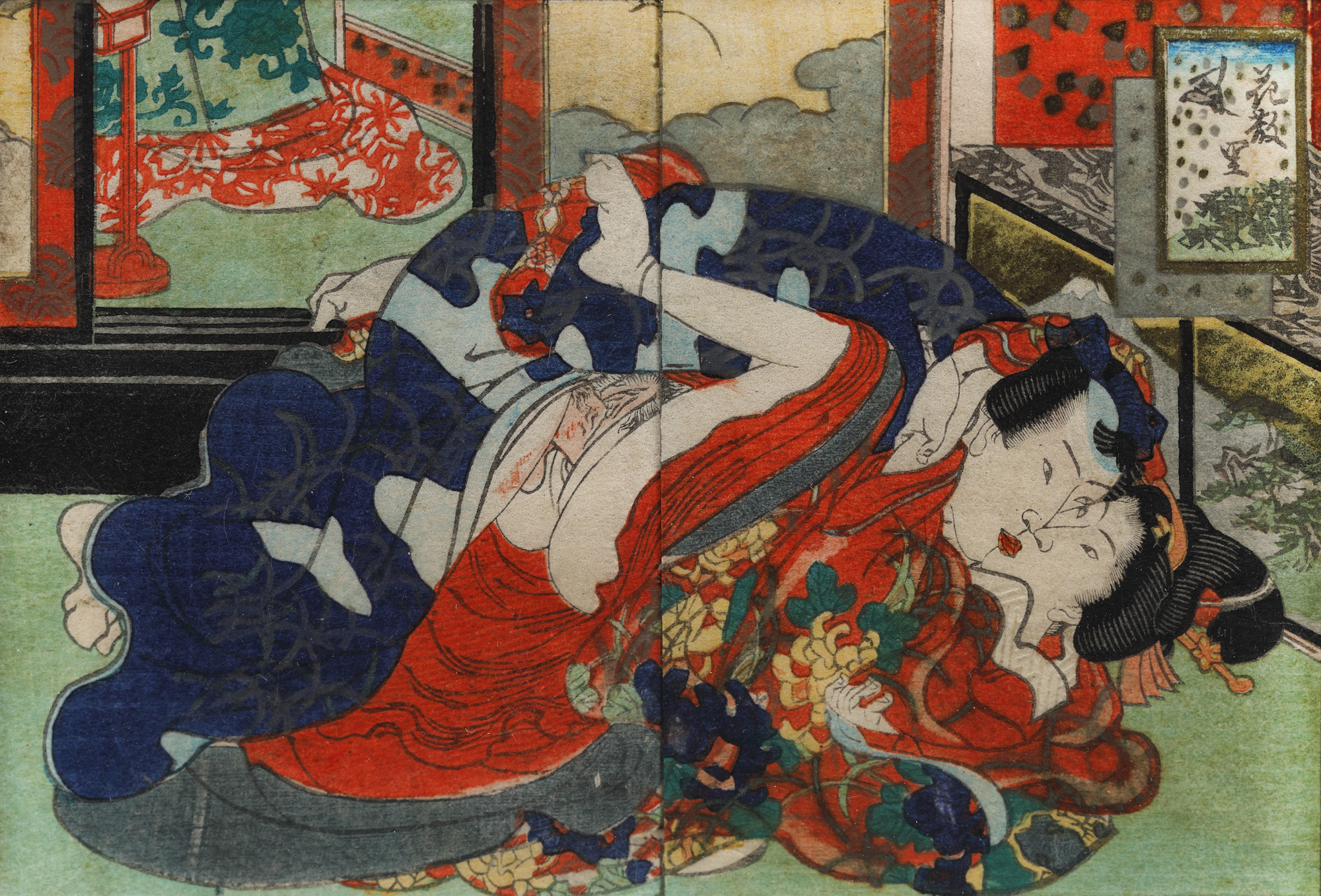 Scenă erotică (Shunga), reprezentând o gheişă şi un samurai
