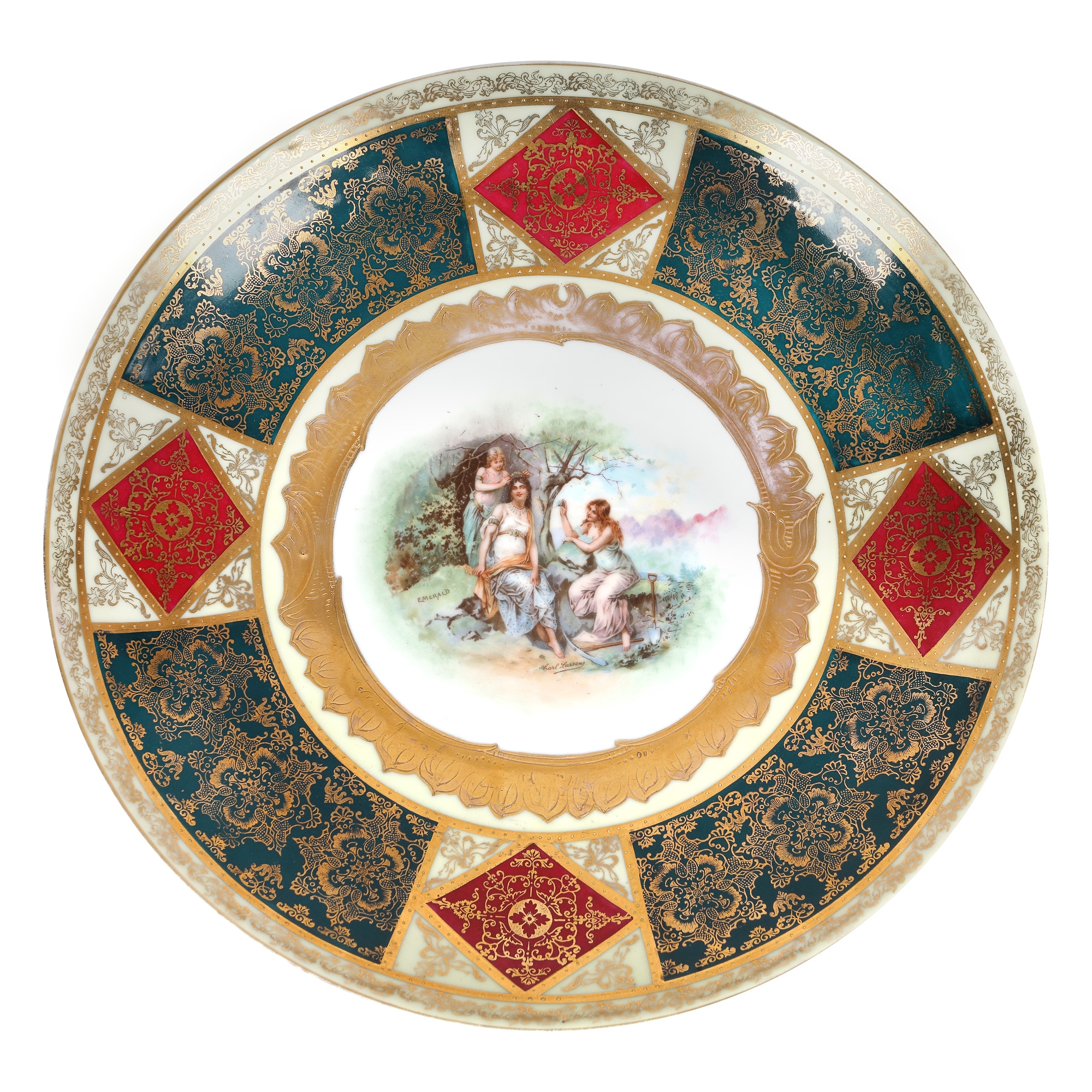 Ackermann & Fritze decorative plate, centrally decorated with a bucolic scene made by Carl Larsen, early 20th century