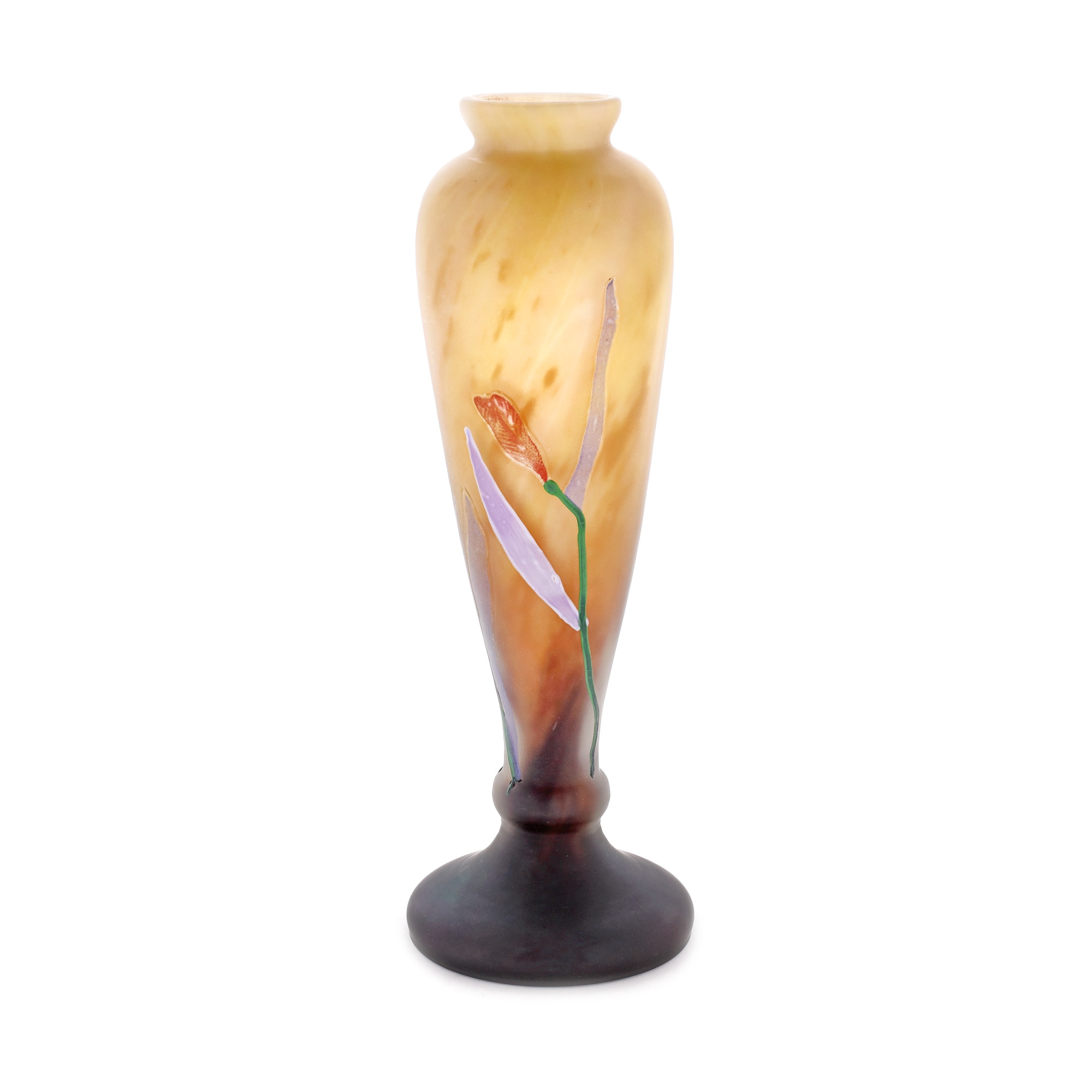 Rar vas Gallé, ornat în marqueterie-sur-verre cu floare de iris, cca. 1900