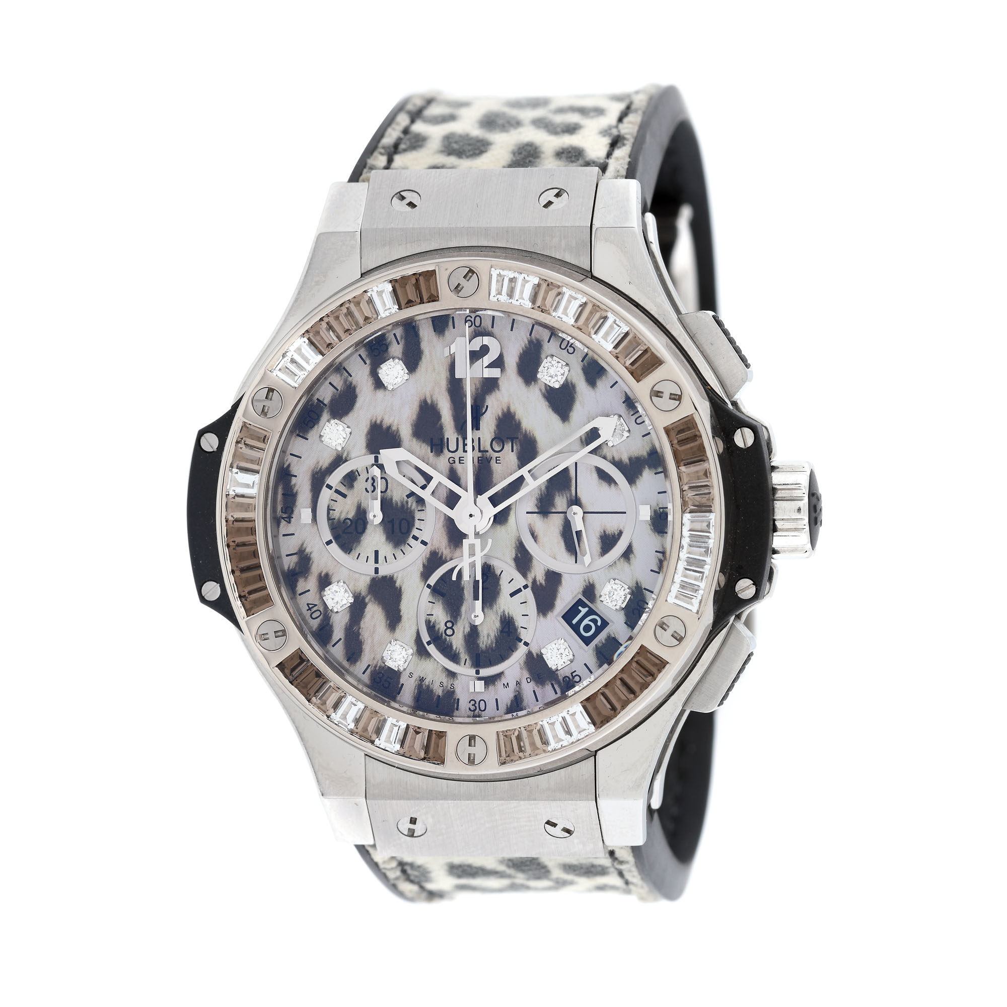 Hublot Big Bang Leopard wristwatch, white gold and steel, women, bezel decorated with diamonds