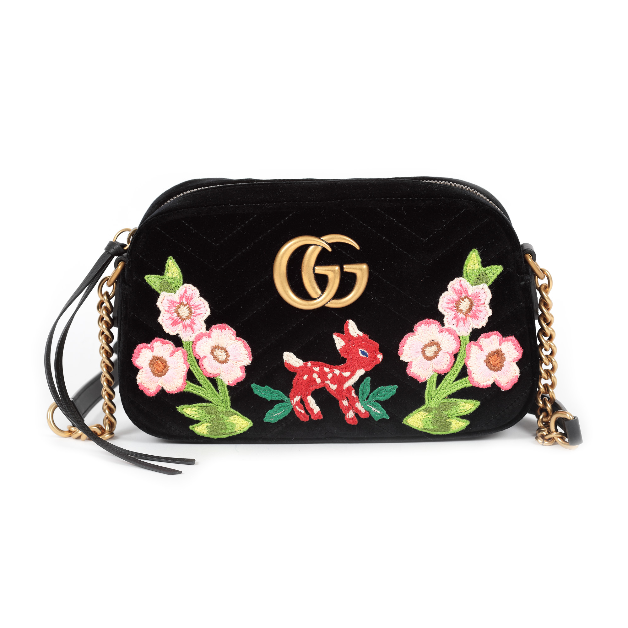 "Marmont Bambi" - Gucci bag, quilted velvet, black, decorated with embroidered elements