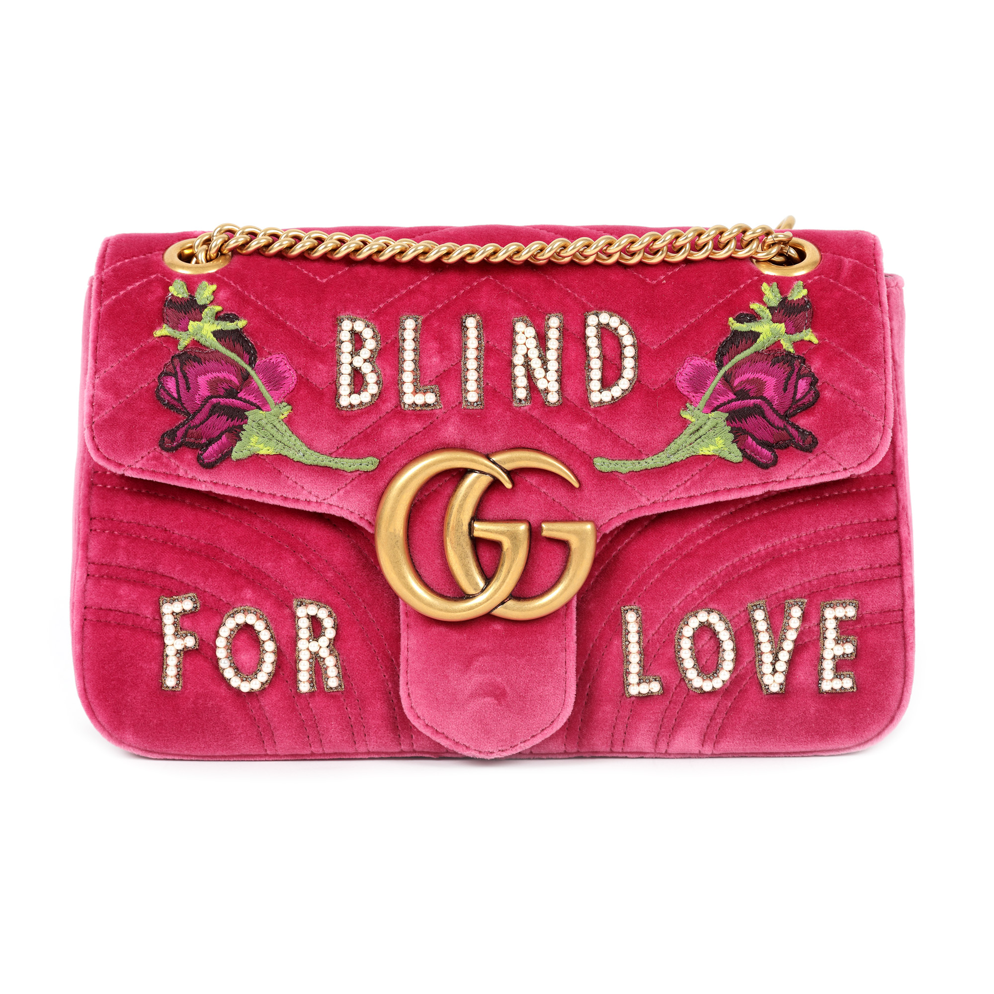 "Marmont Blind for Love" - Gucci bag, velvet, pink, decorated with flower embroidery and pearl letters