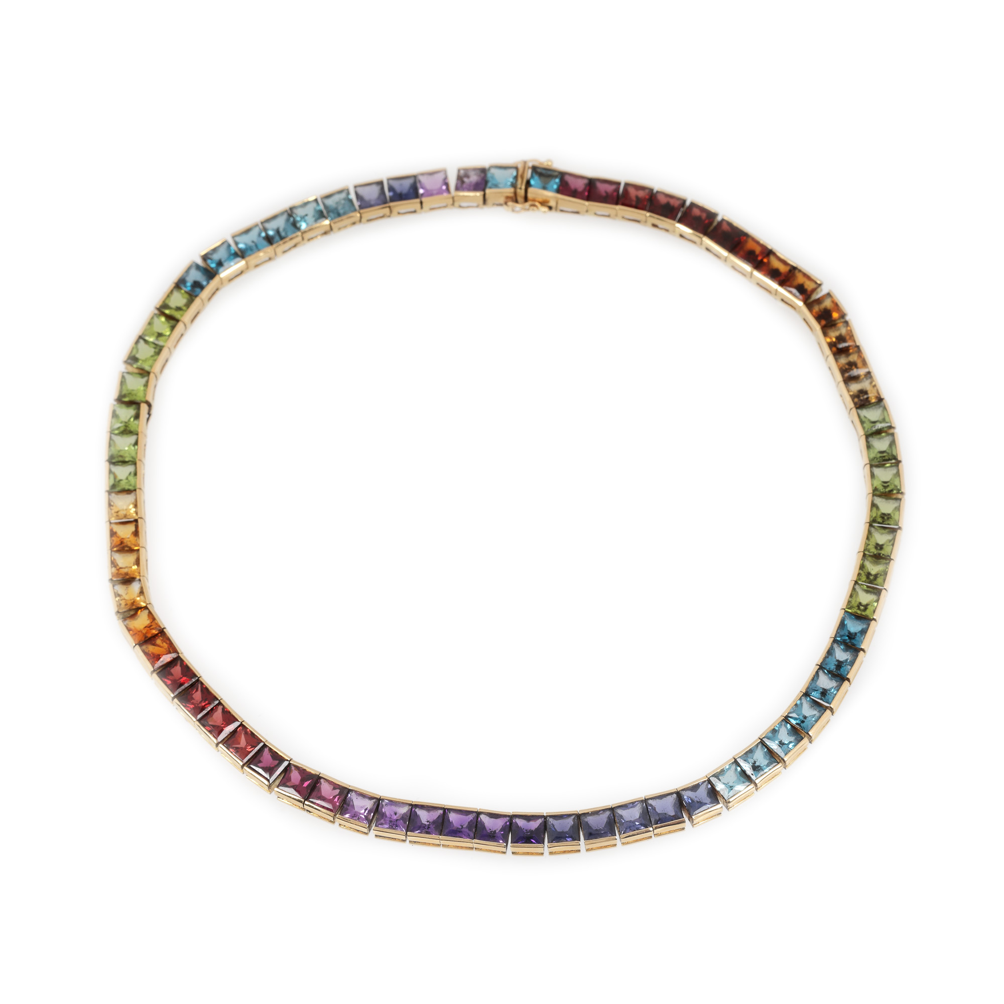 "Rainbow" - gold necklace, decorated with multi-coloured sapphires