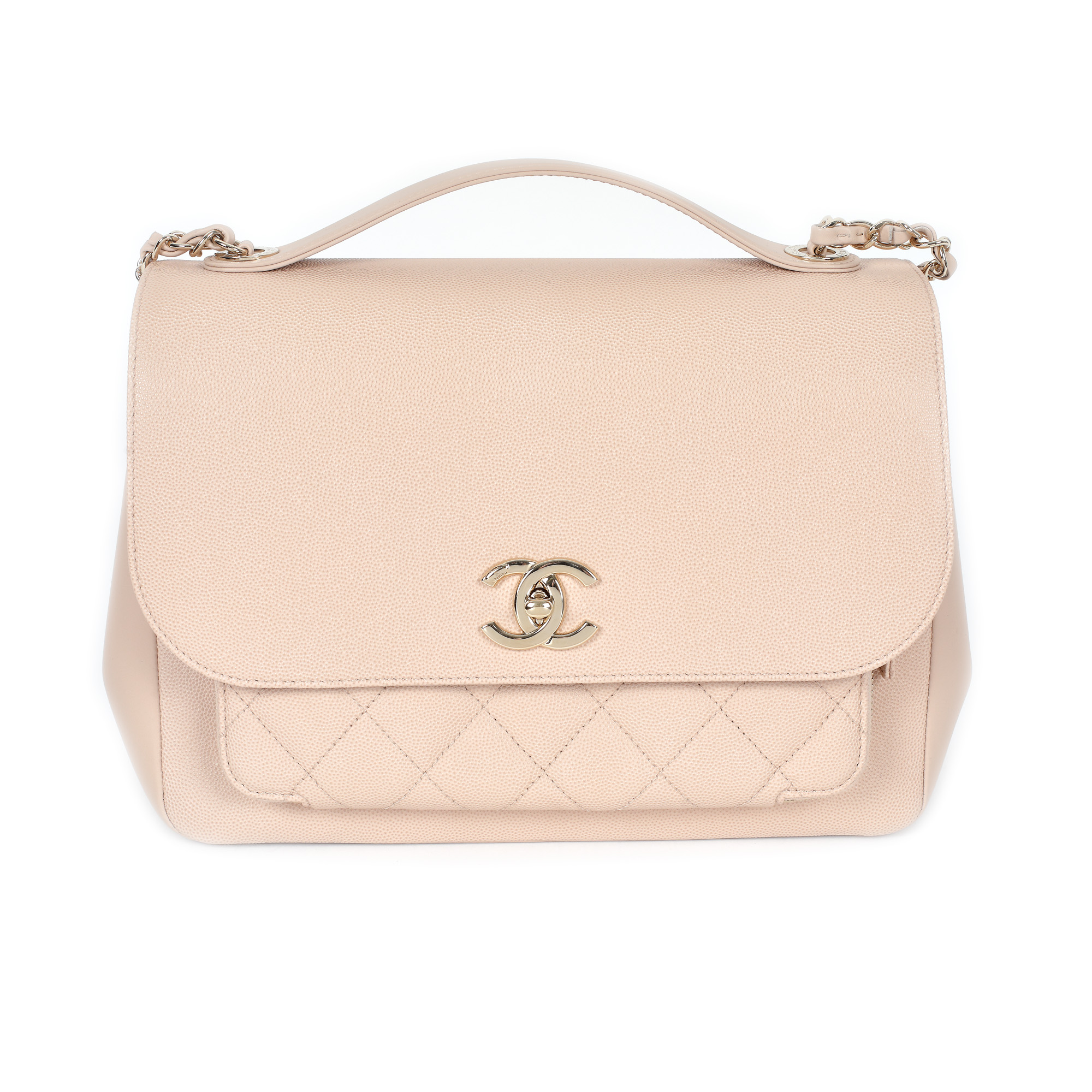 ”Business Affinity Flap Bag” - geantă Chanel, din piele Caviar parțial matlasată, de culoare bej, însoțită de card de autenticitate și husă originală