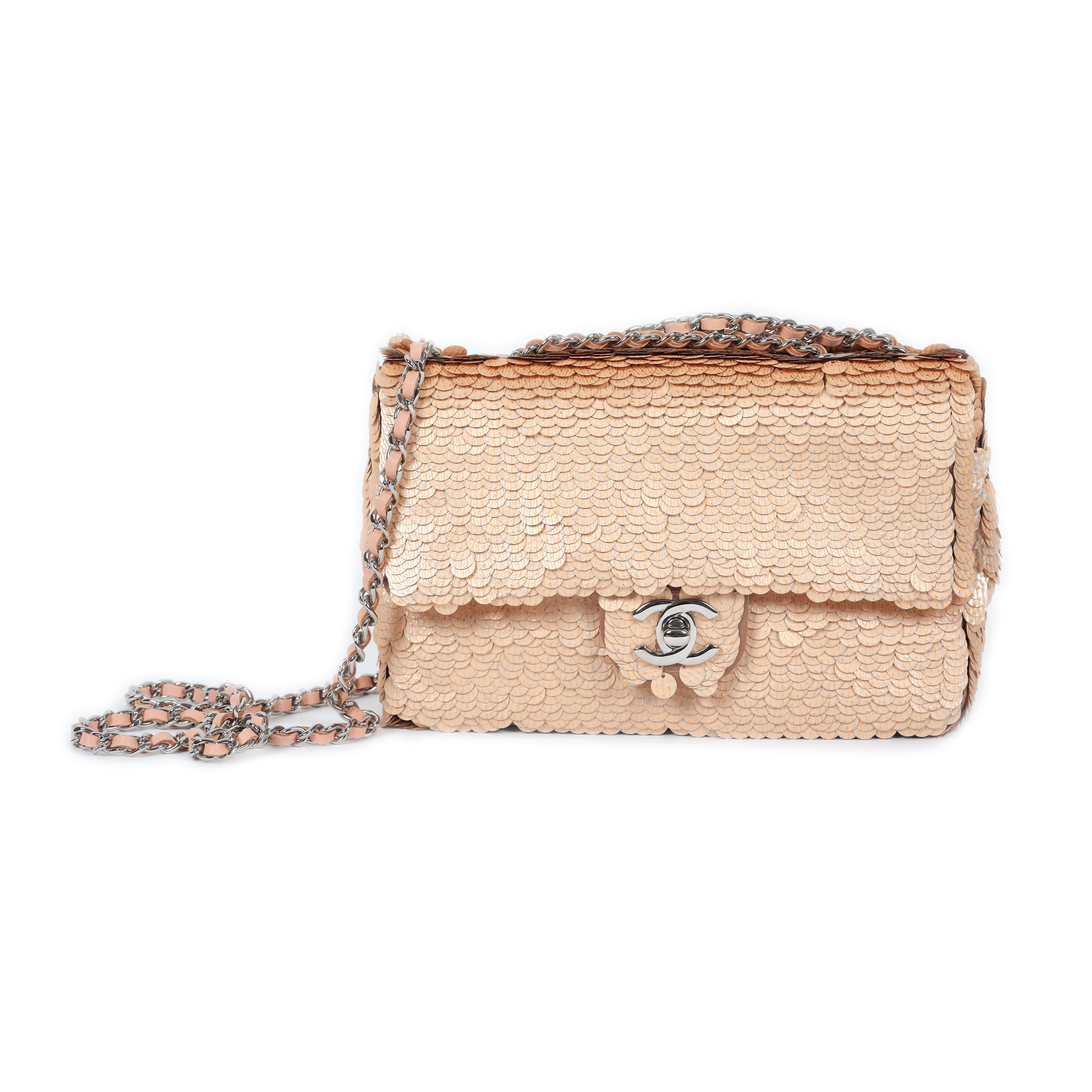 "Sequin Flap Bag" - Chanel bag, decorated with sequins, golden colour, authenticity card and original cover