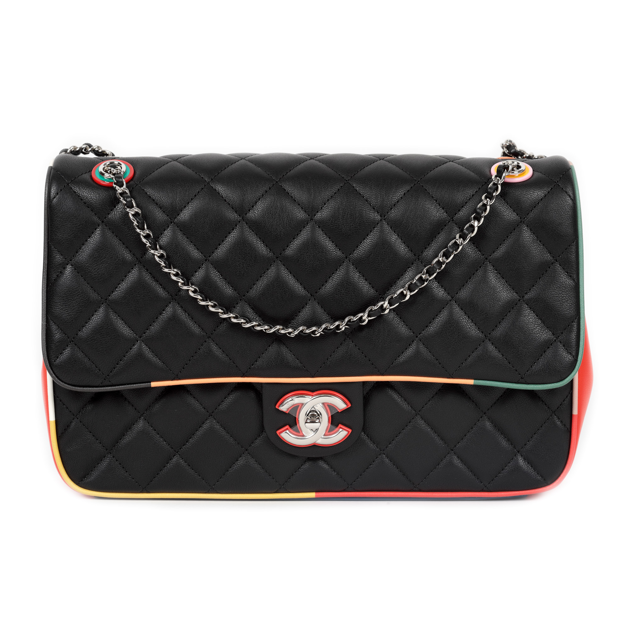 "Classic Flap Bag" - Chanel bag, quilted leather, black, with coloured resin details, authenticity card and original cover
