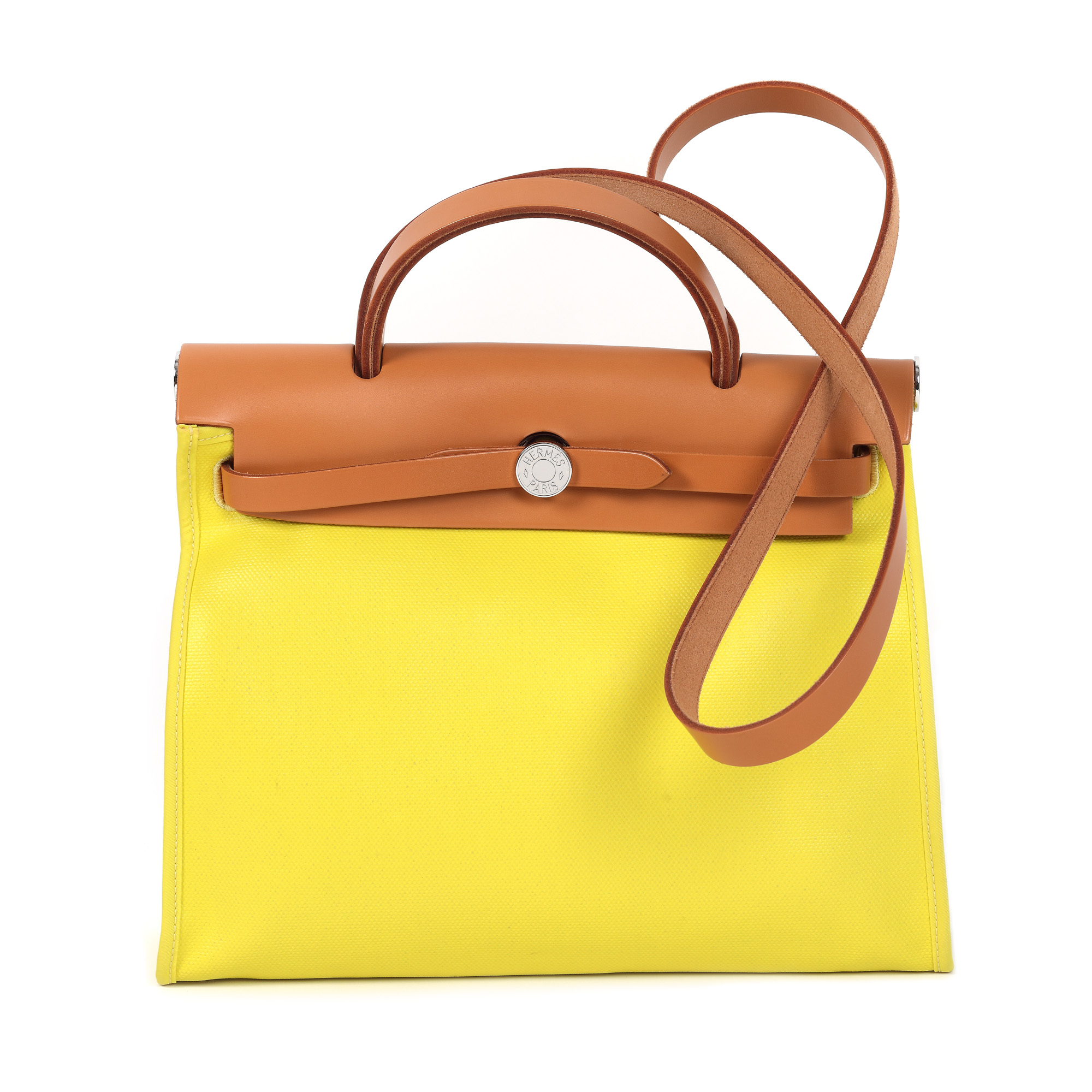 "Herbag Zip 31" - Hermès bag, textile material and leather, Lime, original cover