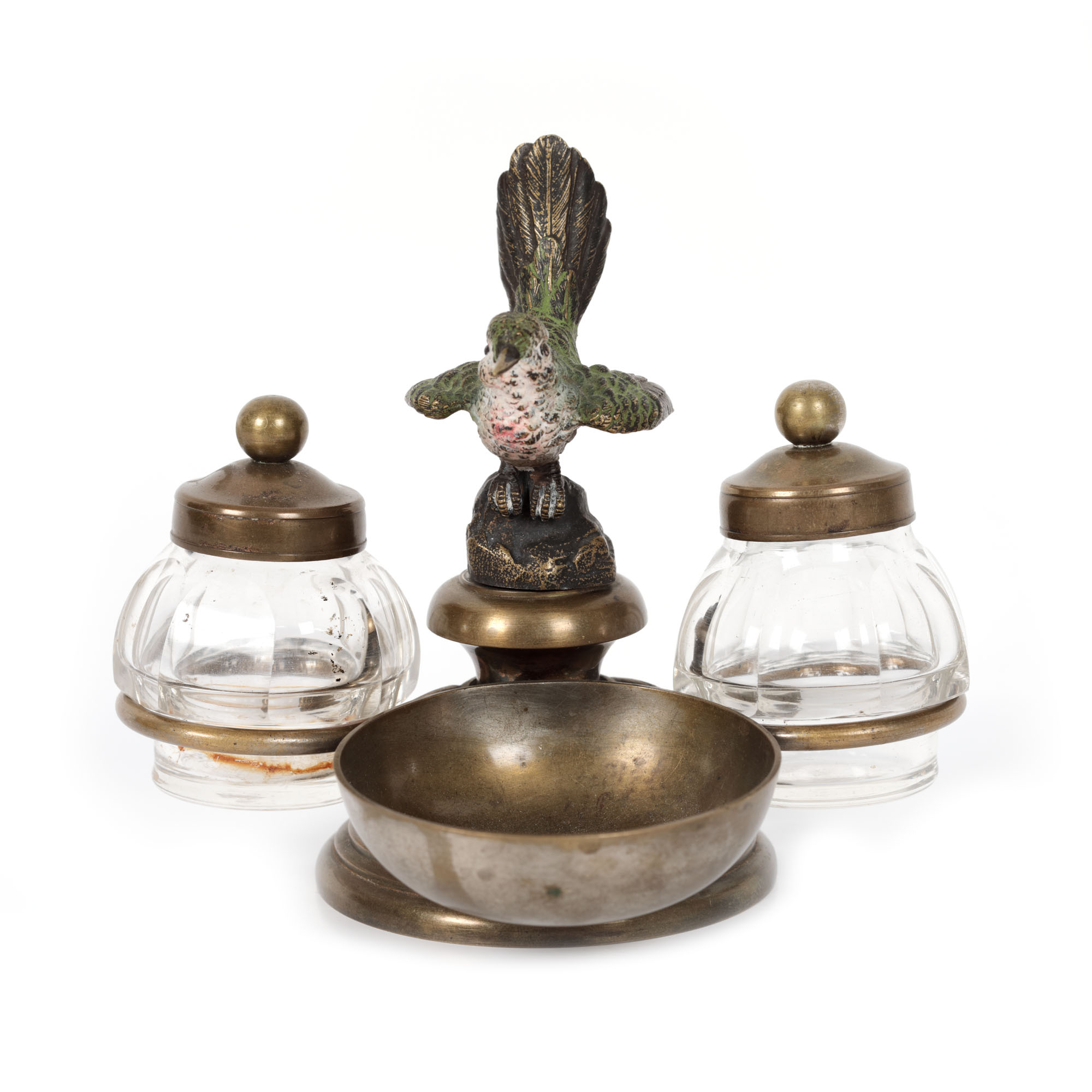 Glass inkwell, mounted in polycorm bronze support, decorated with a redbreast, approx. 1925