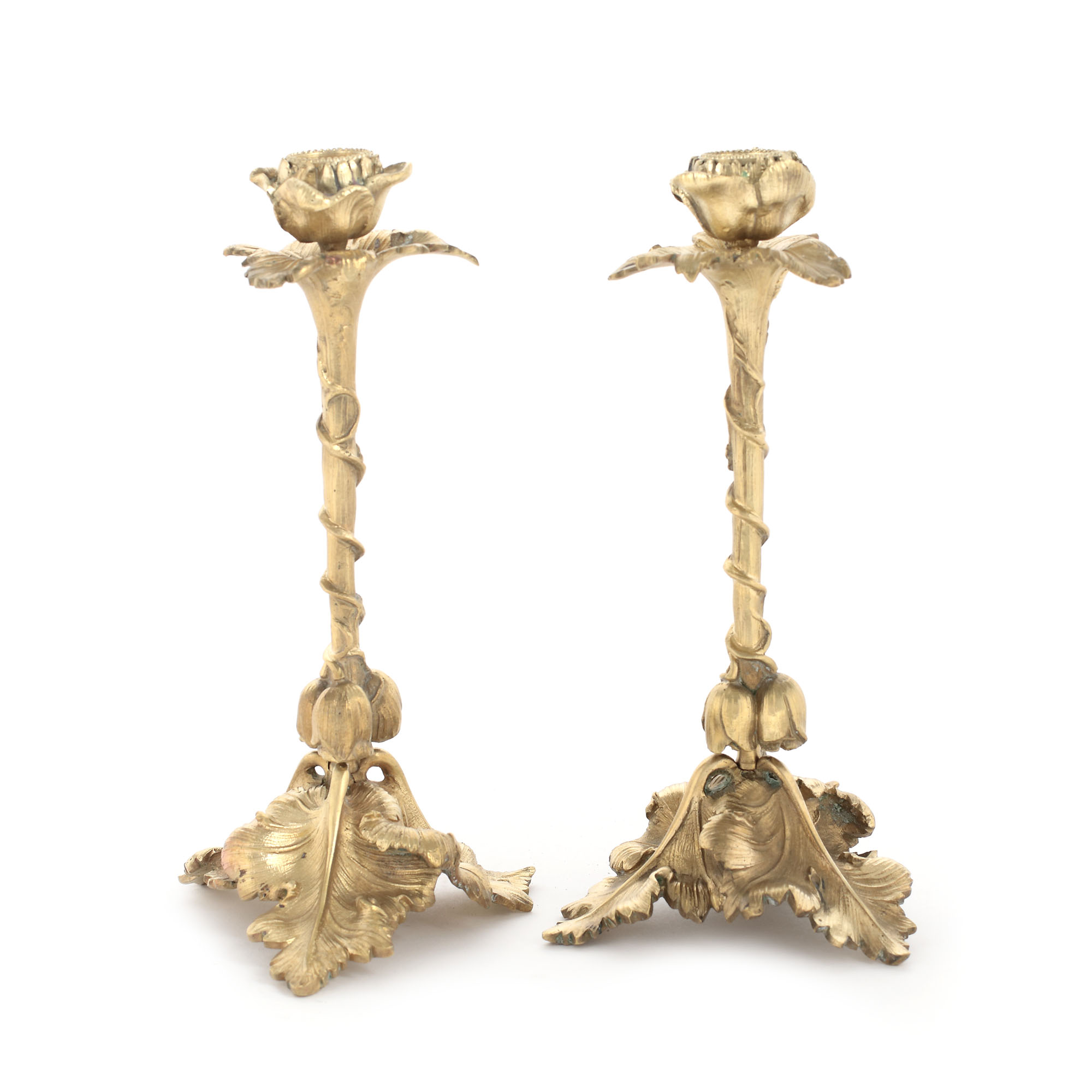 ”Flori de mac” - pereche de sfeșnice Art Nouveau, atribuită École de Nancy, din bronz aurit, gravat manual, cca. 1900