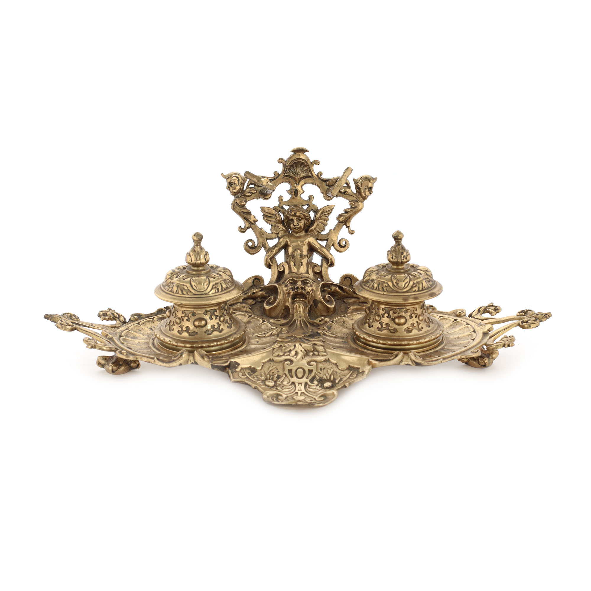 Neo-Rococo inkwell, gilded bronze, decorated with putti, mascherons and fantastic animals, late 19th century