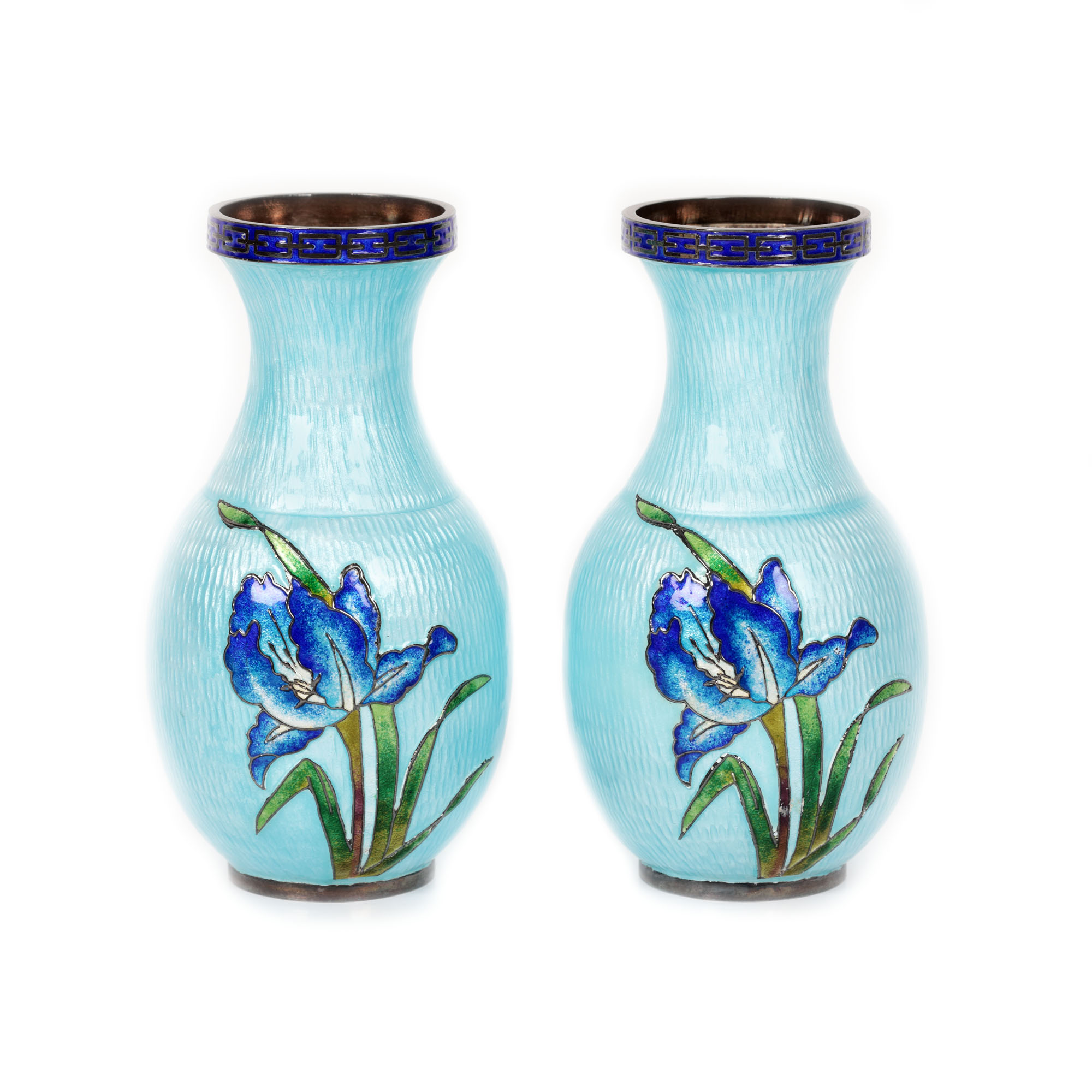Pair of decorative silver vases with iris flowers in enamelled decoration, late 20th century