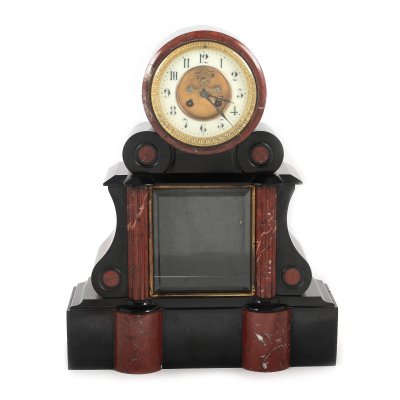 Ceas Victorian de șemineu, decorat cu marmură Rosso Barocco, sec. XIX