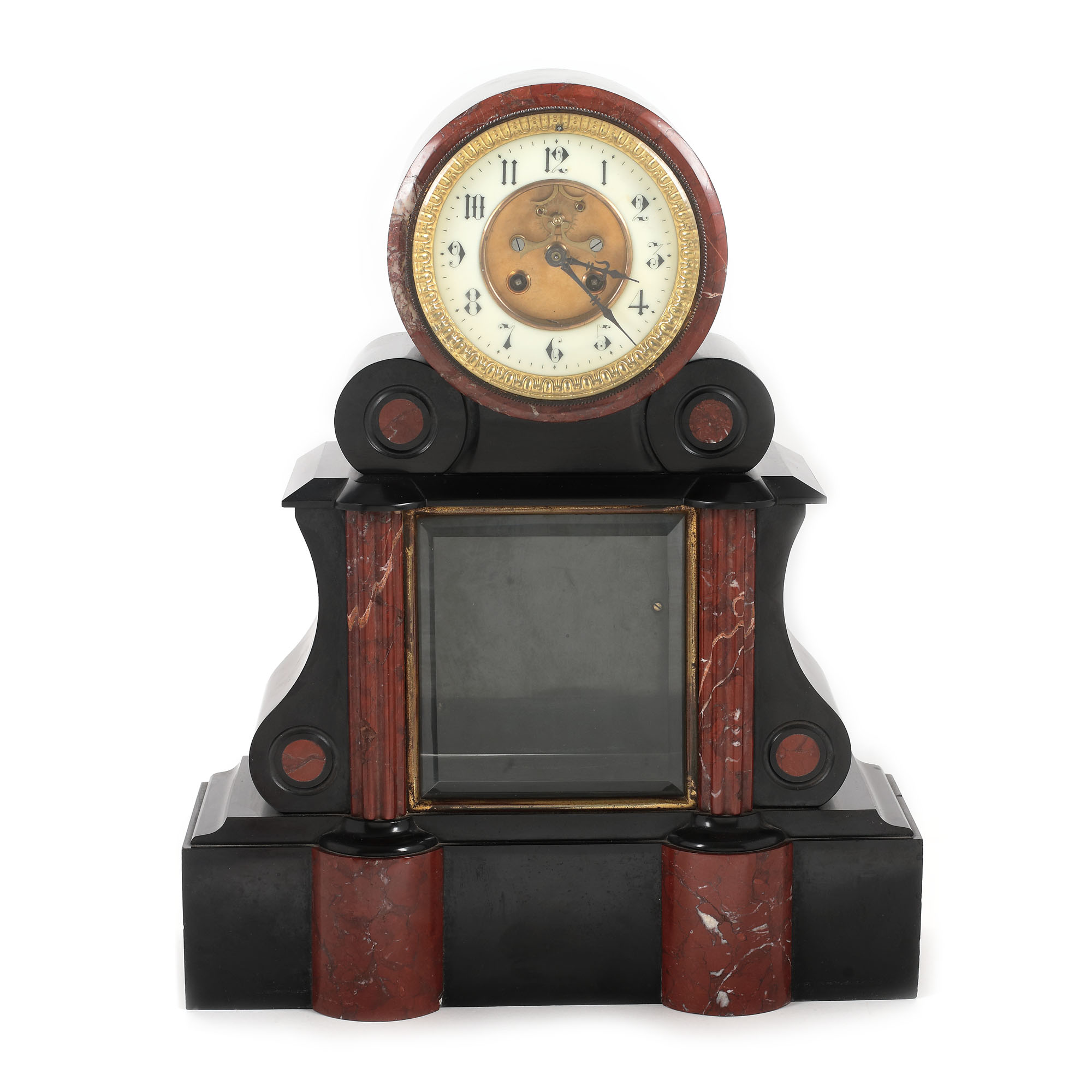 Ceas Victorian de șemineu, decorat cu marmură Rosso Barocco, sec. XIX