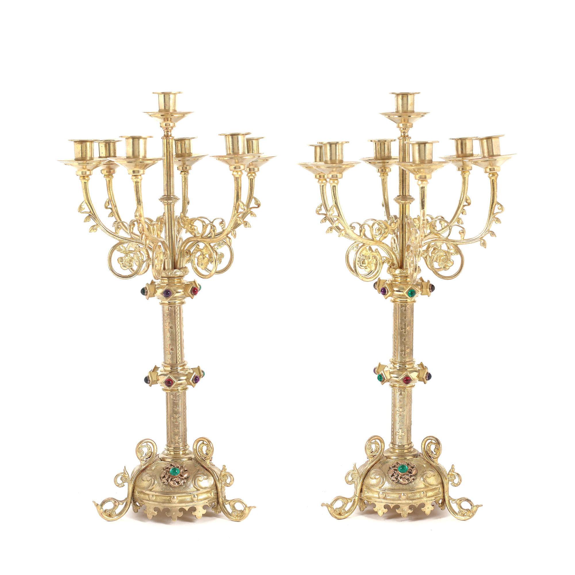 Pair of Charles X candlesticks, doré bronze in two colours, adorned with cabochon crystals, approx. 1820