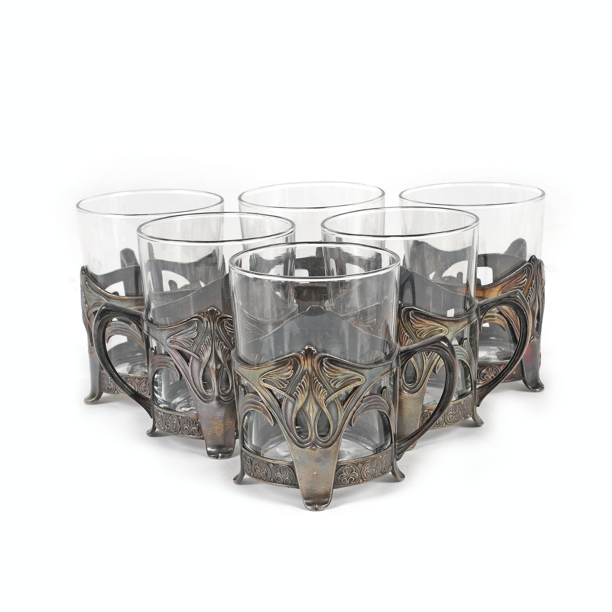 Radivon set, consisting of six glasses with Art Nouveau support, decorated with ginko biloba leaves, approx. 1900