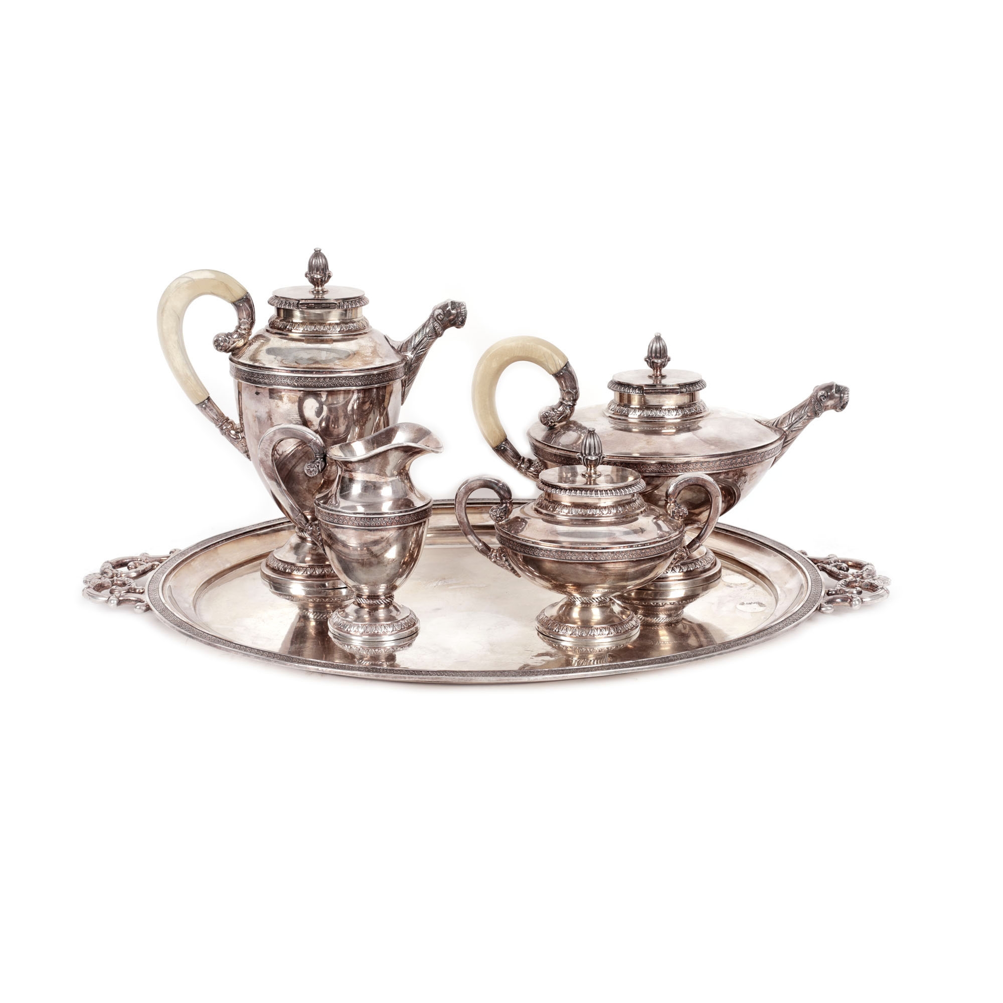 Set Bruckmann & Söhne din argint, pentru ceai sau cafea, format din două ceainice cu mâner din fildeș, zaharniță, letieră și tavă, cca. 1900