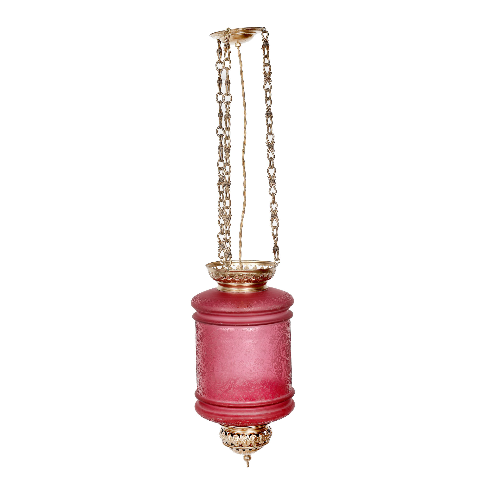 Neo-Baroque ceiling lamp, doré bronze and Baccarat glass engraved with floral decoration and putti, late 19th century