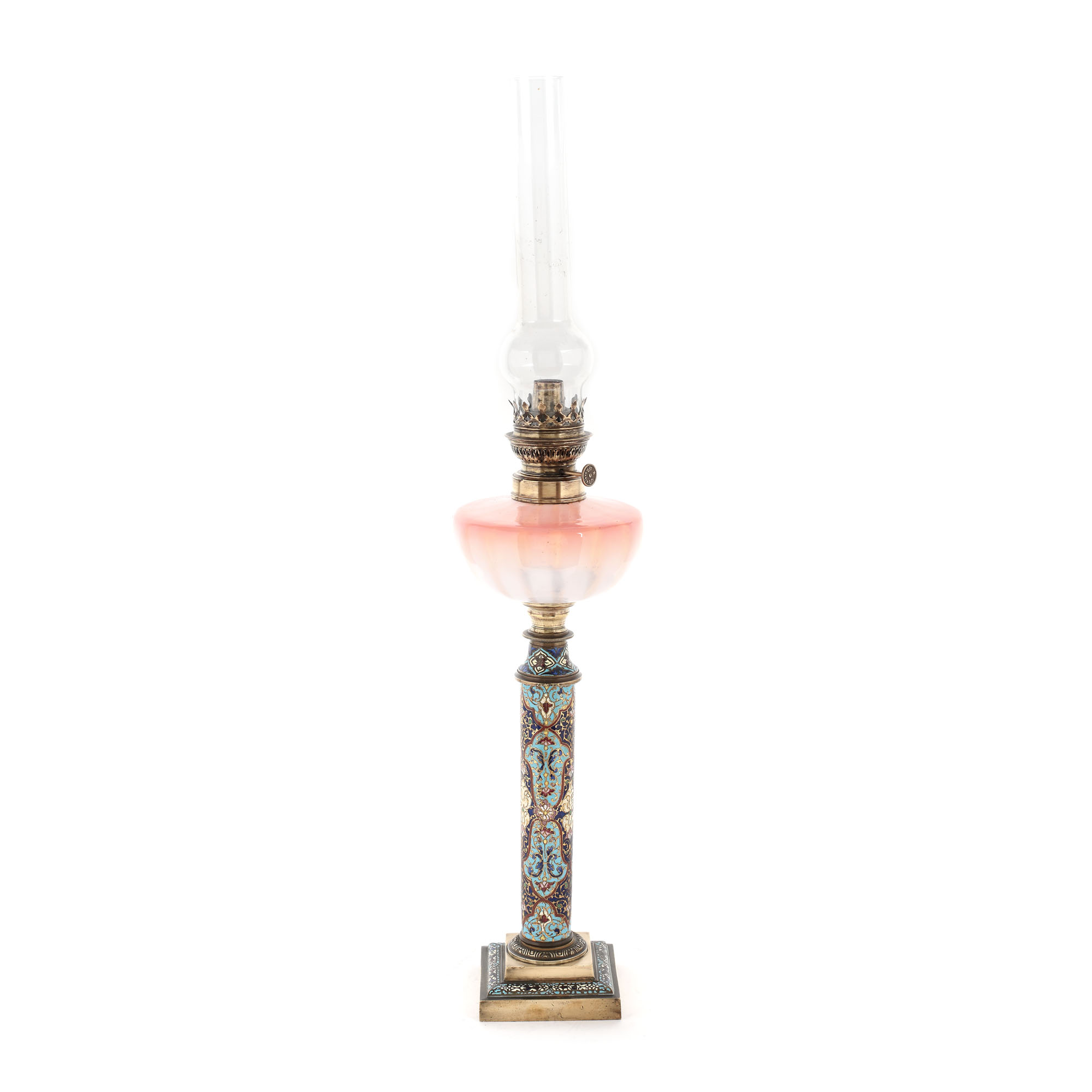 Lampă de gaz din bronz doré, sticlă opalină cu decor cloisonné, autor posibil Ferdinand Barbedienne, cca. 1875