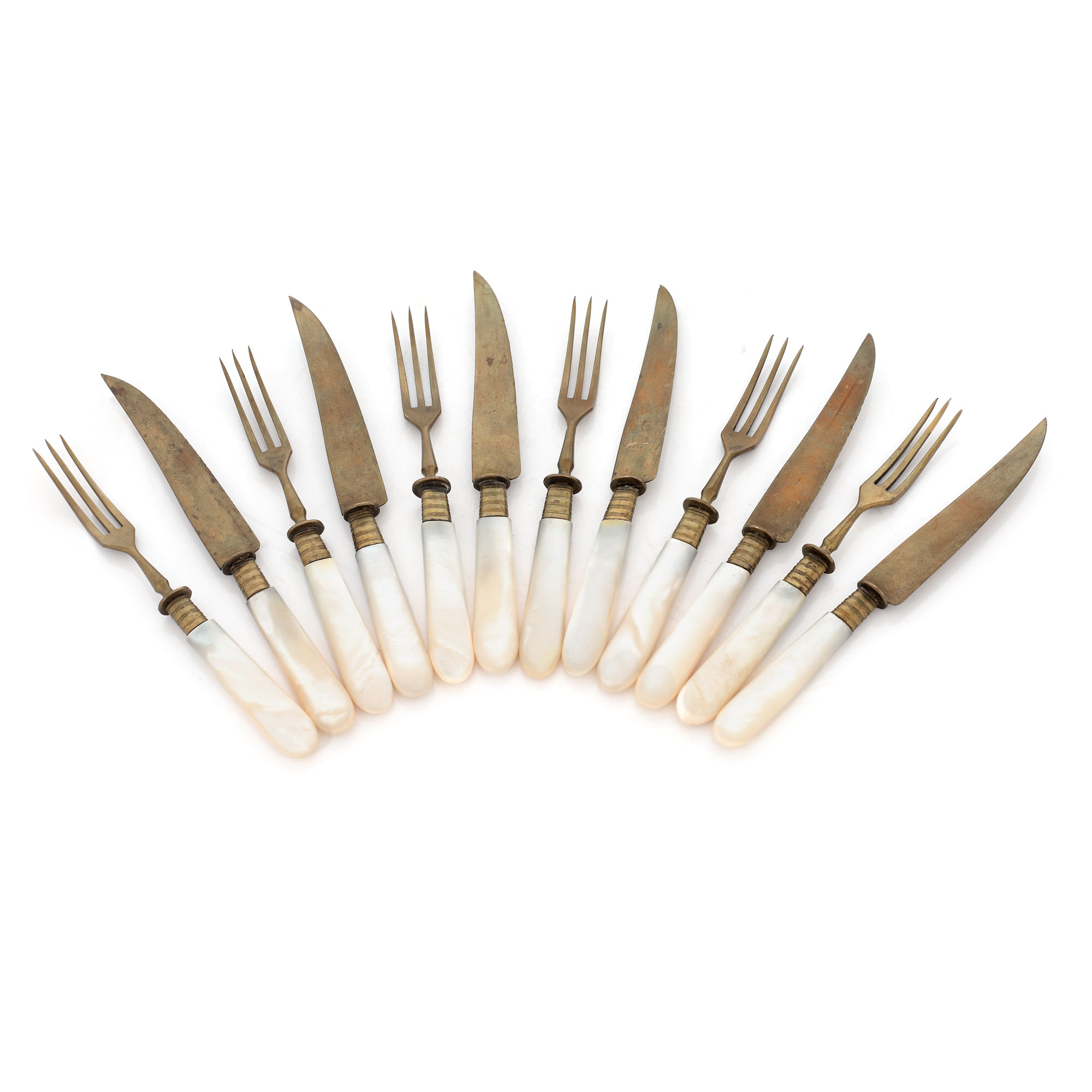 Stahl Bronce set, brass and mother-of-pearl, consisting of six forks and six knives, for fruits, approx. 1900