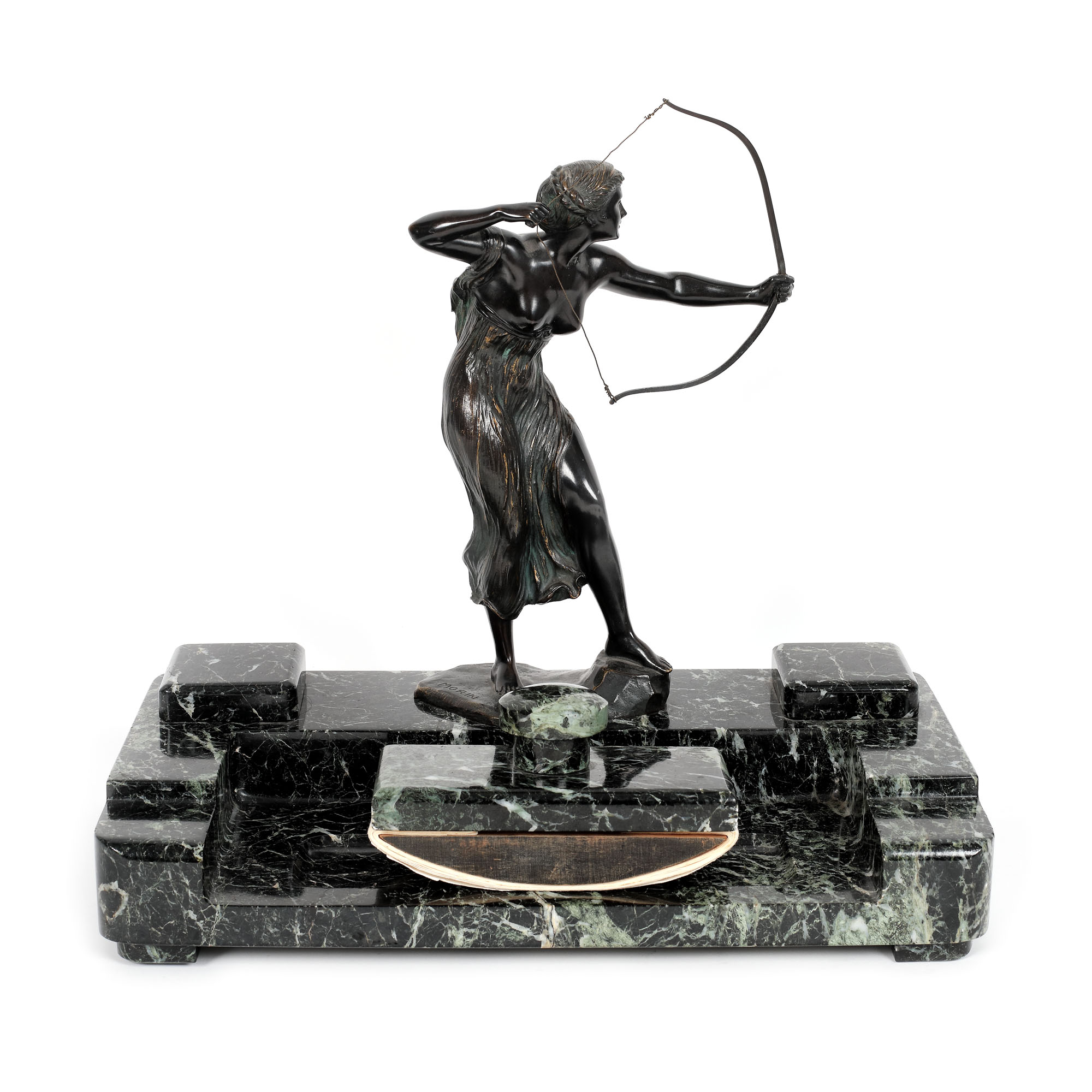 Gerhard Schliepstein set in marble and bronze, inkwell and dryer, decorated with a statuette by Georges Morin representing Diana, the goddess of hunting, approx. 1920
