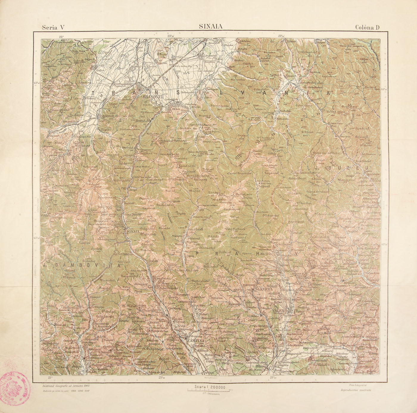 Harta oraşului Sinaia, de Institutul Geografic al Armatei, 1907, provine din colecţia Dimitrie I. Ghica