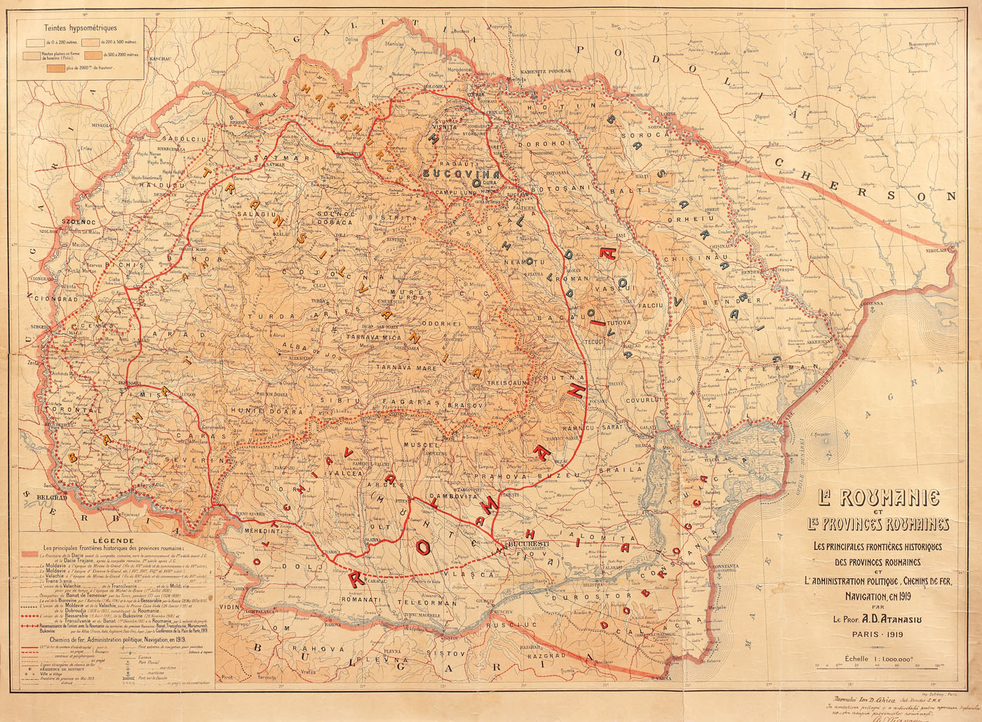 "Harta României și a provinciilor românești", de A. D. Atanasiu, Paris, 1919, cu dedicația și semnătura olografă a autorului către ing. Ion D. Ghica