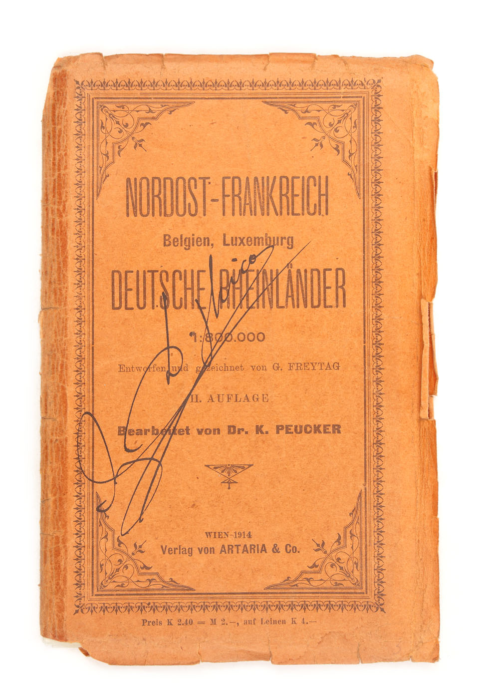 Harta Franței de Nord, Belgia, Luxemburg și Germania, proiectată și desenată de G. Freytag, editată de dr. K. Peucker, Viena, 1914, cu semnătura olografă a lui Ion D. Ghica