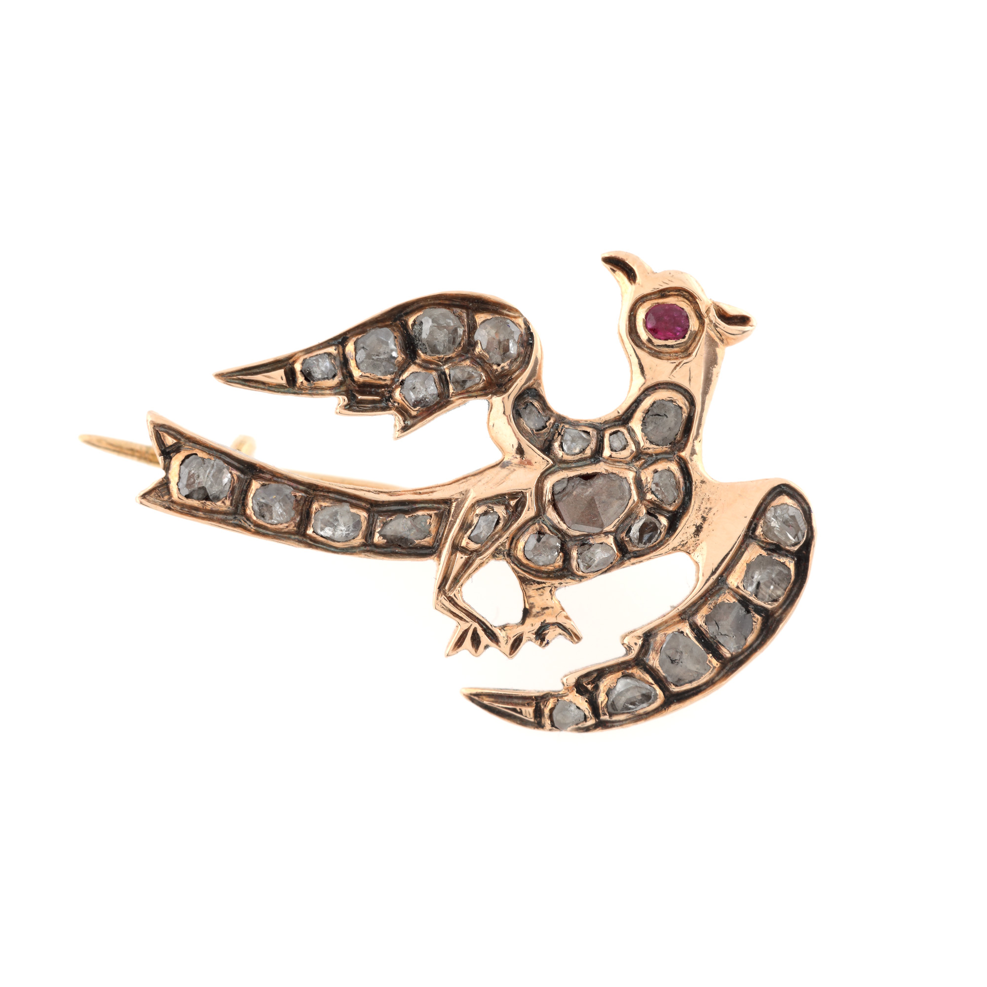 ”Phoenix bird” - broșă vintage, decorată cu diamante rose cut și rubin, cca. 1900