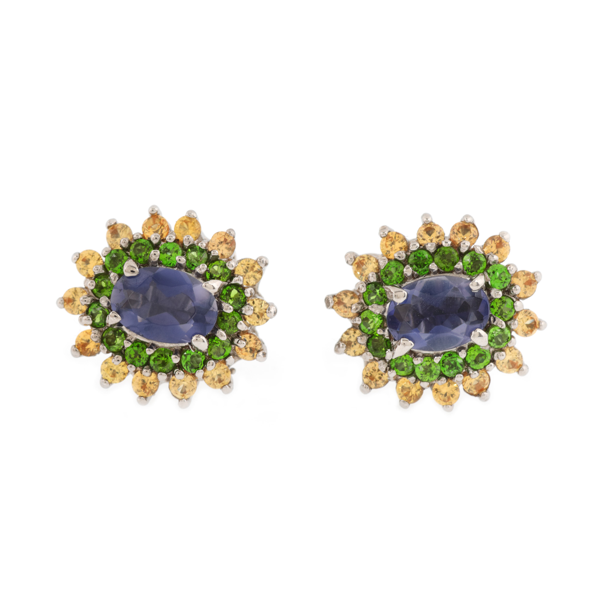 Pereche de cercei din argint, decorată cu tanzanite, crom diopside și safire galbene