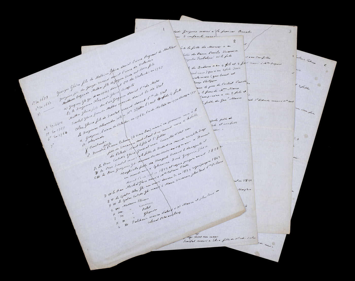 Manuscris inedit al lui Ion Ghica, referitor la genealogia familiei Ghica, scriitorul având şi preocupări genealogice, în special legate de familia Ghiculeştilor, 1869 (4 file)