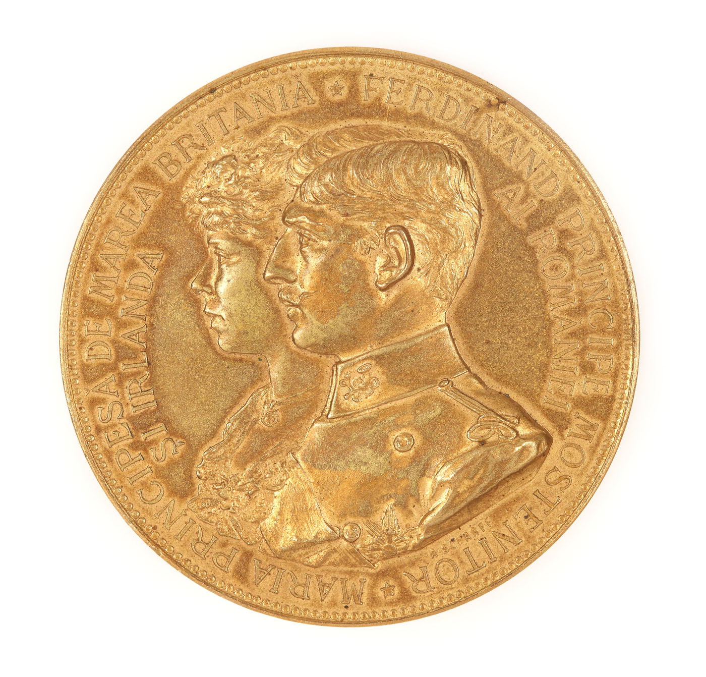 Medalie "Logodna Principelui Ferdinand al României cu Maria Principesă de Marea Britanie 1892 - 1893", gravor Anton Rudolf Scharff, provine din colecţia Dimitrie I. Ghica