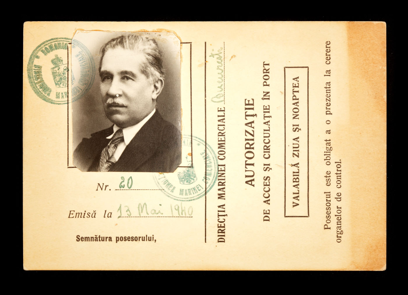 Autorizație de acces și circulație în port eliberată inginerului Ion D. Ghica, fiul lui Dimitrie Ghica, de Servicul Maritim Român,1940 