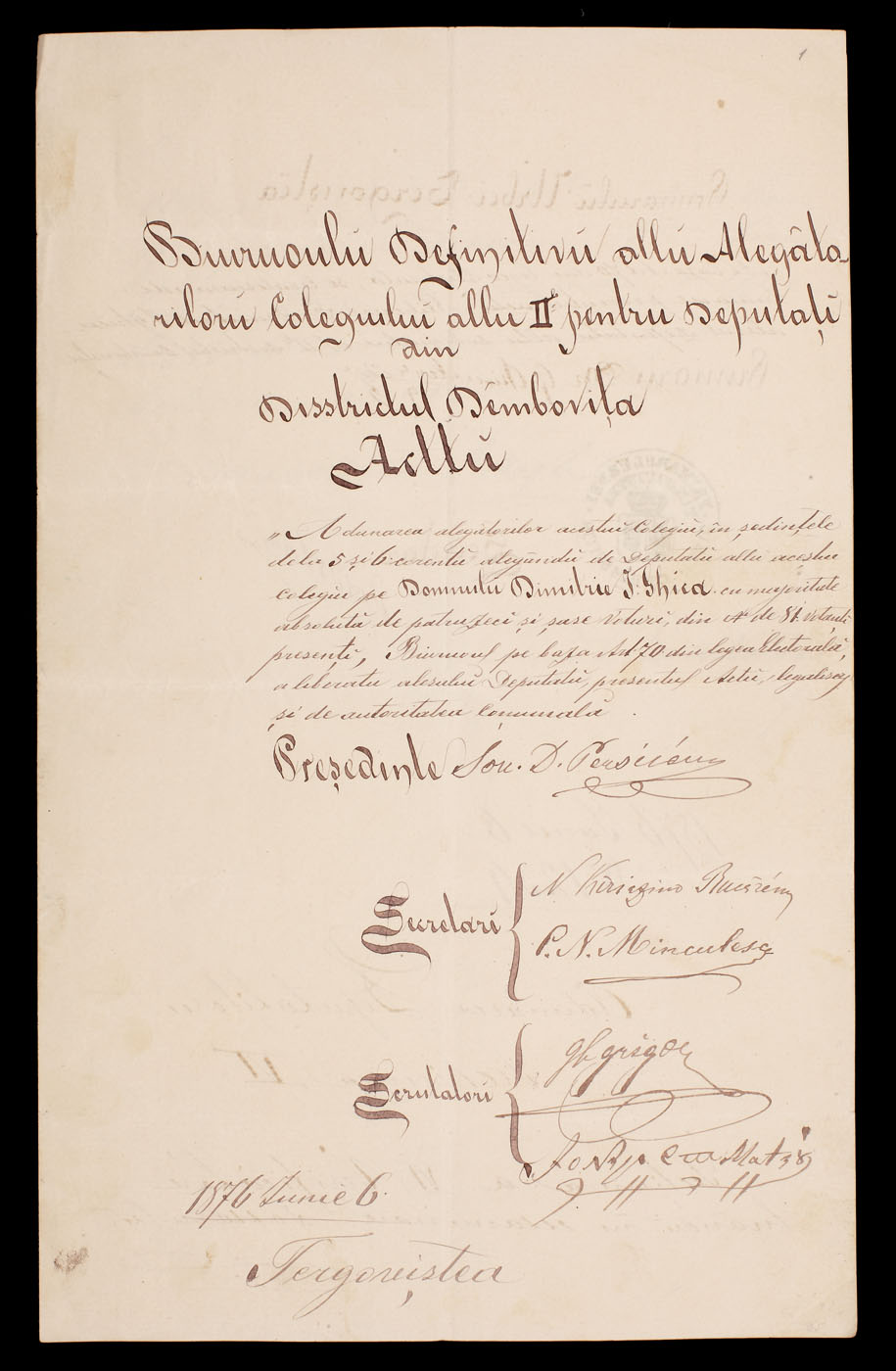 Proces verbal olograf încheiat în urma alegerii lui Dimitrie Ion Ghica deputat pentru Colegiul II din districtul Dâmbovița, 1876, cu semnătura olografă a generalului Gheorghe Magheru