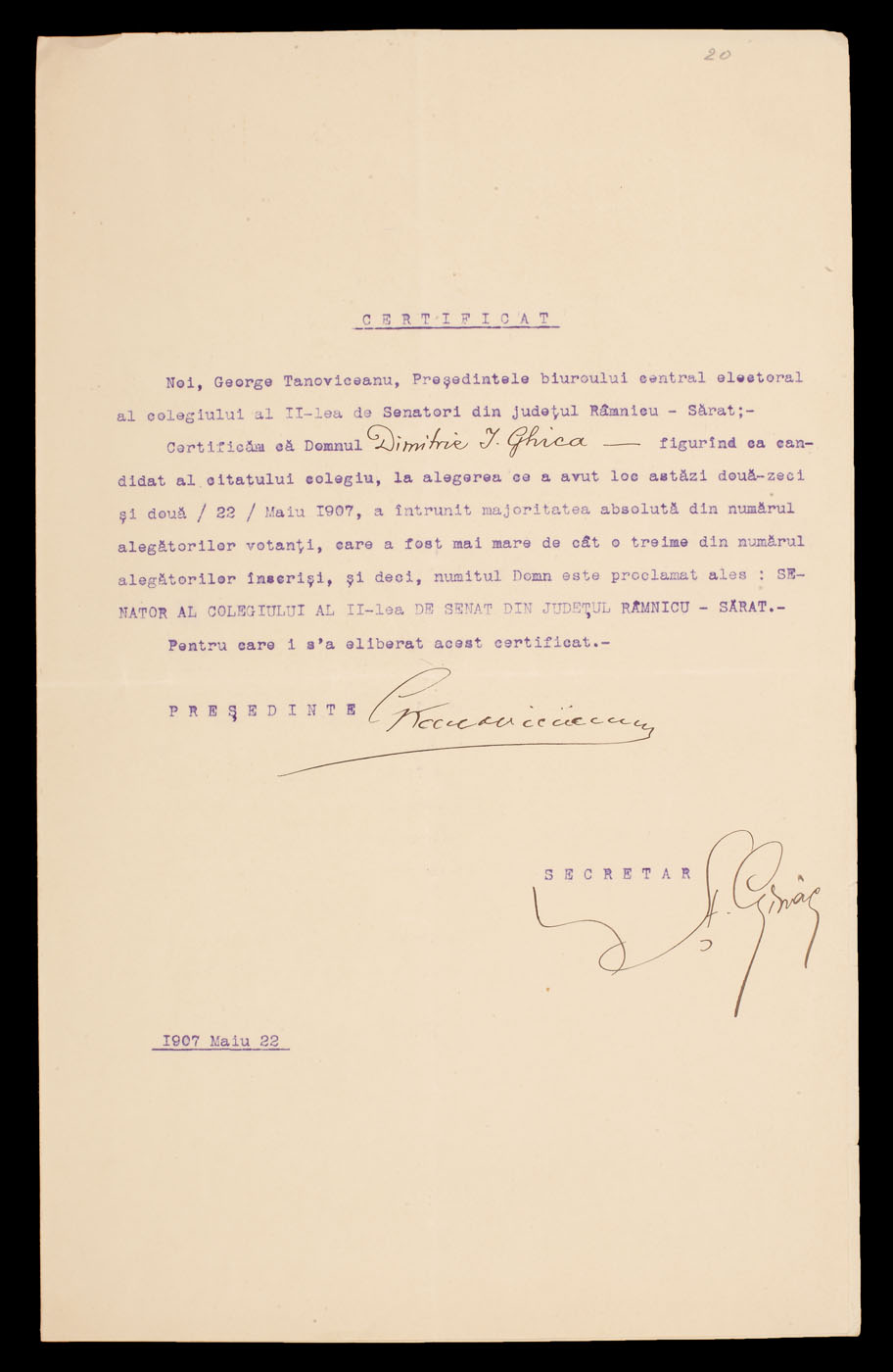Certificat de senator al lui Dimitrie I. Ghica, Colegiul al II-lea de Senat din judeţul Râmnicul-Sărat, mai 1907