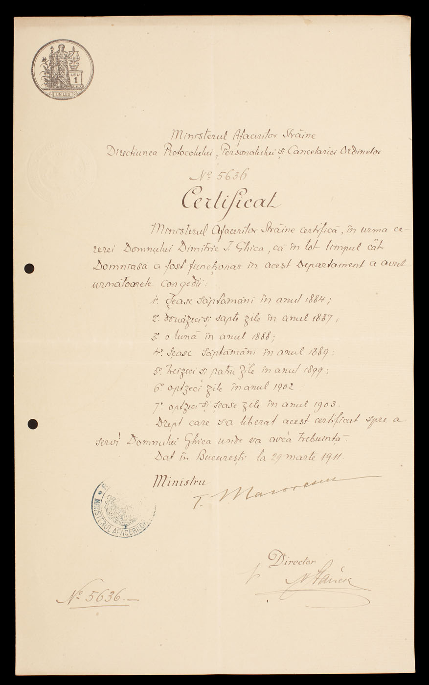 Certificat eliberat de Ministerul Afacerilor Străine prin care se atestă numărul zilelor de concediu ale lui Dimitrie I. Ghica, în intervalul 1884 - 1903, 29 martie 1911, conține și semnătura olografă a lui Titu Maiorescu, în calitatea de ministru