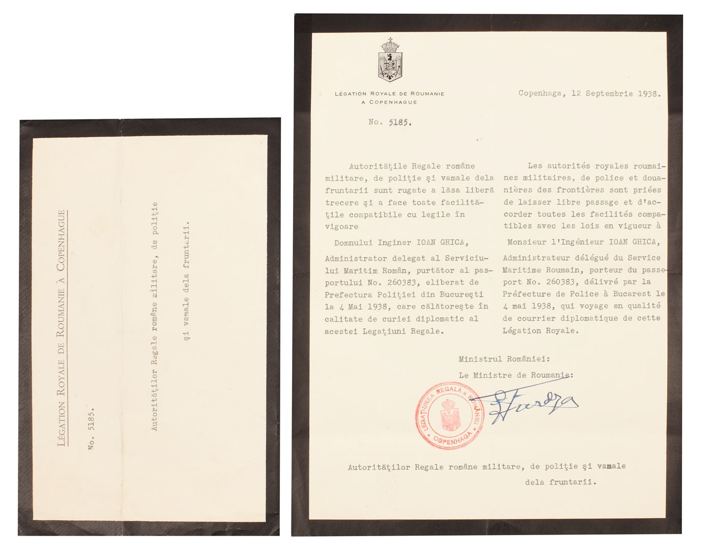 Autorizaţie eliberată de Legaţia Regală a României din Copenhaga, inginerului Ion Ghica, 12 septembrie 1938, cu semnătura olografă a lui Mihail Sturdza, ministrul României la Copenhaga, însoțită de plicul original