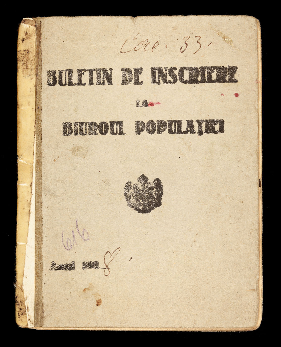 Buletin de Înscriere la Biroul Populației al Elenei Ghica, născută Cantacuzino, soţia inginerului Ion D. Ghica