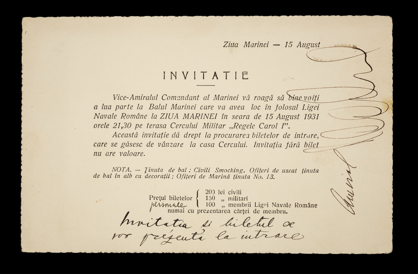 Invitaţie de Ziua Marinei Române la Balul Marinei, 15 august 1931, conține și semnătura olografă a amiralului Vasile Scodrea, provine din colecţia ing. Ion D. Ghica