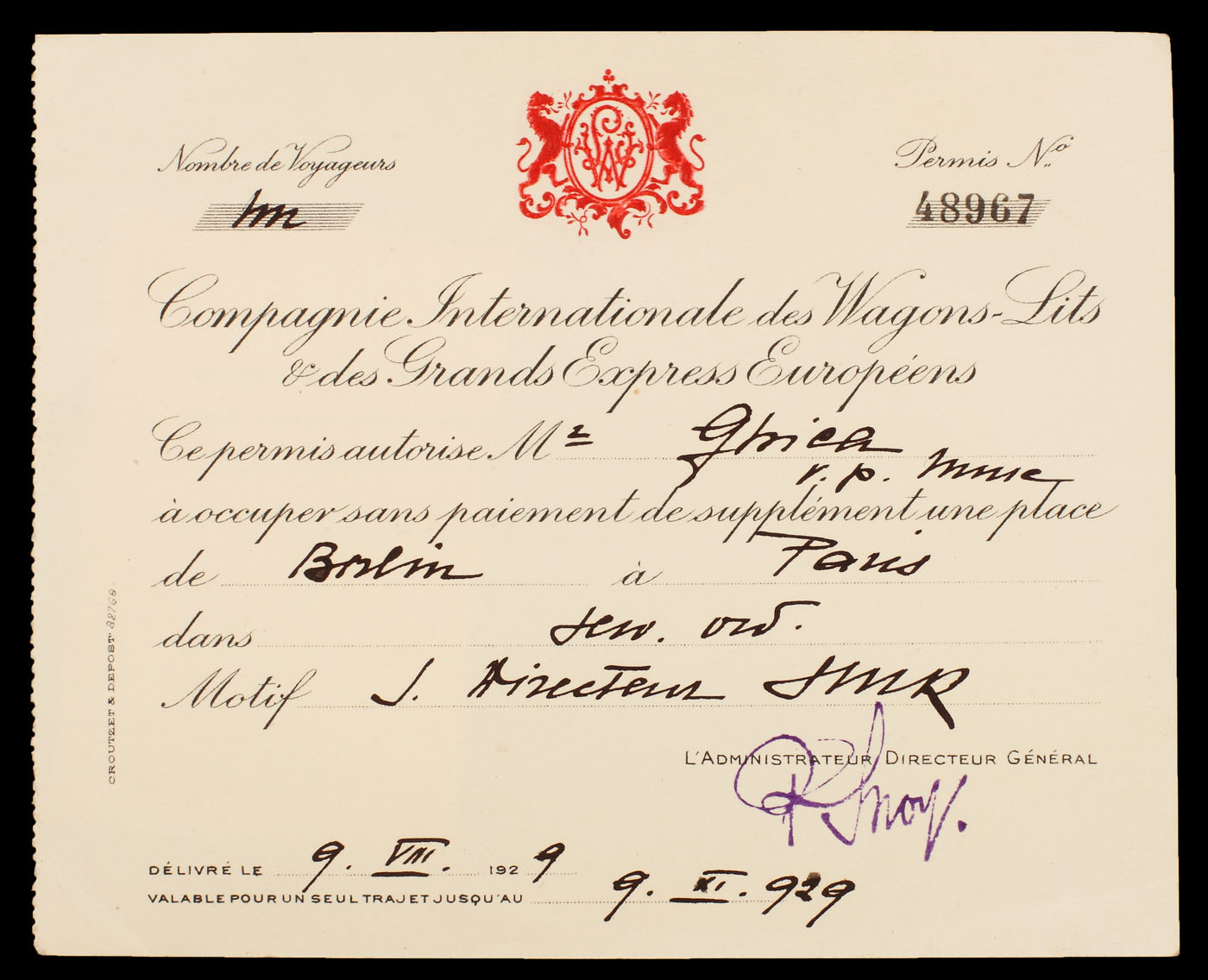 Permis de călătorie la tren pe distanţa Berlin-Paris pe numele inginerului Ion D. Ghica, 1929