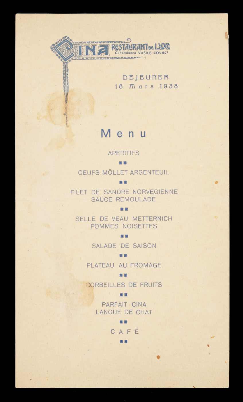 Meniul restaurantului de lux "Cina" din 18 martie 1938, provine din colecţia  ing. Ion D. Ghica