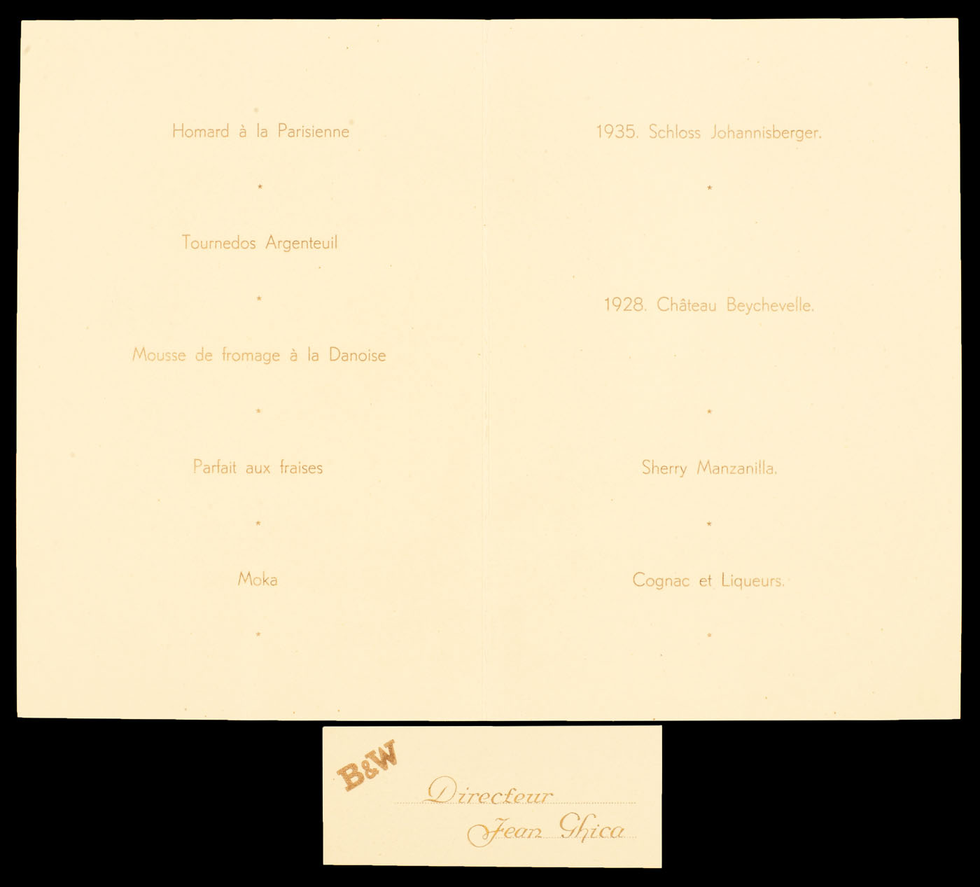 Meniu al restaurantului vaporul Transilvania, 11 iunie 1938, provine din colecţia  ing. Ion D. Ghica