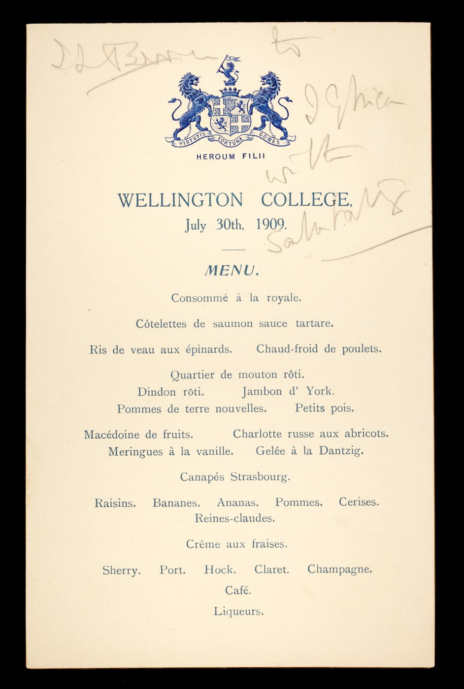 Menu Wellington College, 30 iulie 1909, adresat lui Ion D. Ghica, nepotul scriitorului Ion Ghica, aflat la studii în Anglia