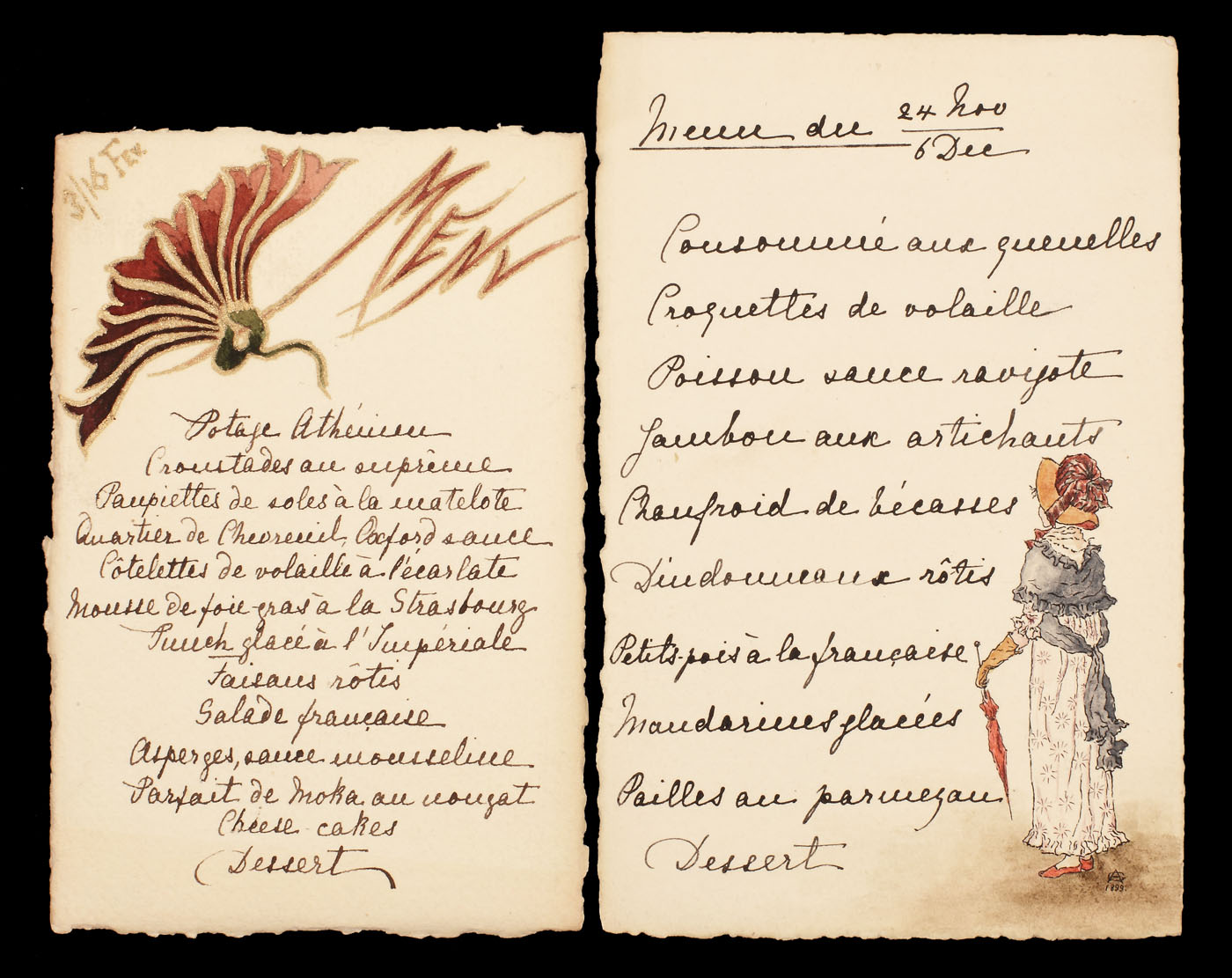 Lot format din două meniuri pentru dineuri oficiale, desenate de Alina Ghica, fiica lui Dimitrie Ion Ghica, în perioada în care acesta era ambasadorul României la Atena, 1899